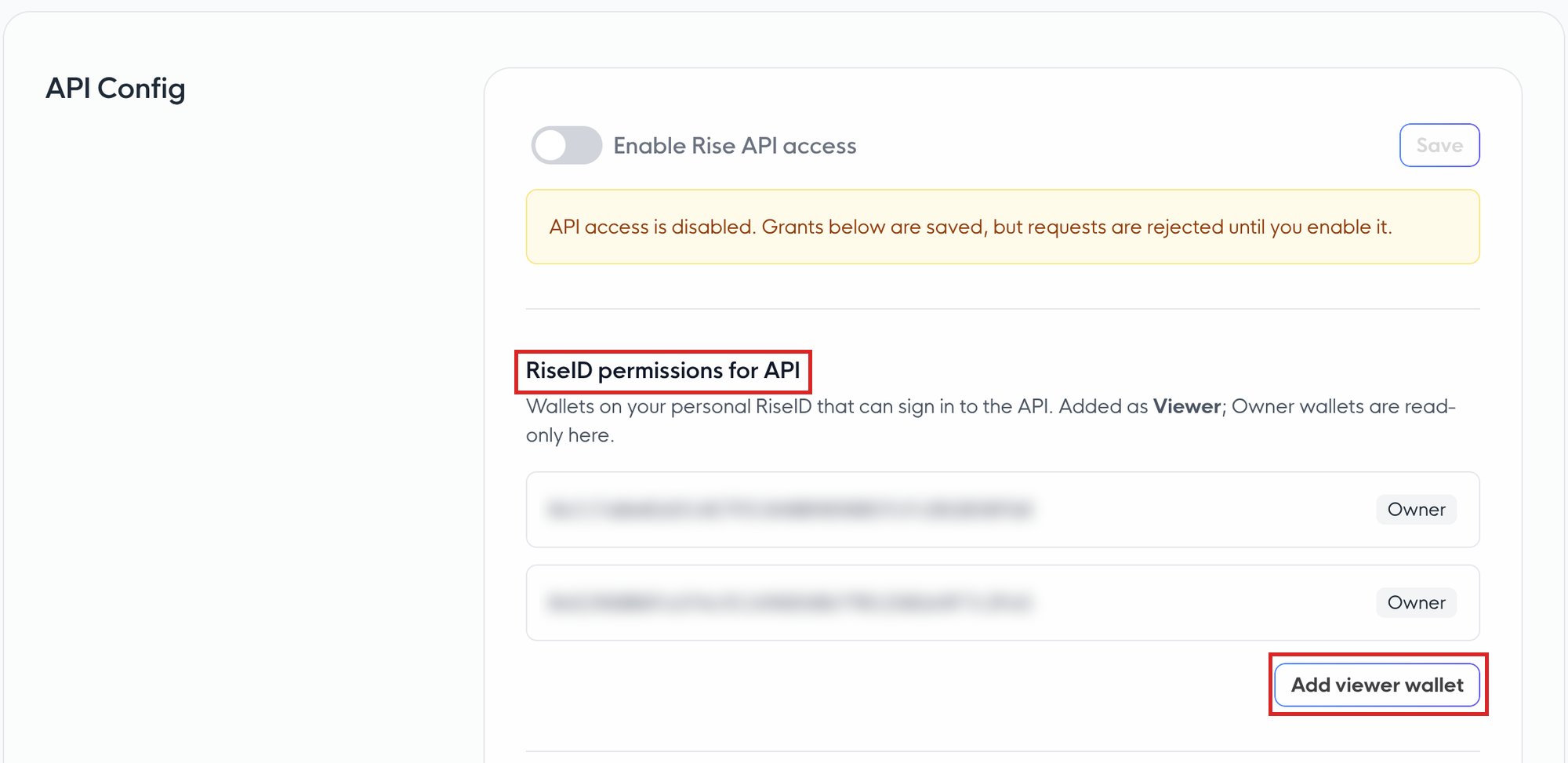 API Config page with the RiseID permissions for API section and the Add viewer wallet button highlighted