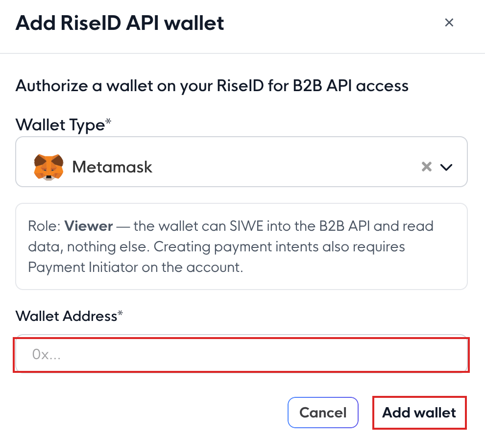 The Add RiseID API wallet dialog showing the fixed Viewer role and the Wallet Address field