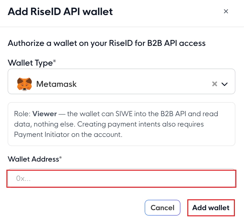 The Add RiseID API wallet dialog showing the fixed Viewer role and the Wallet Address field