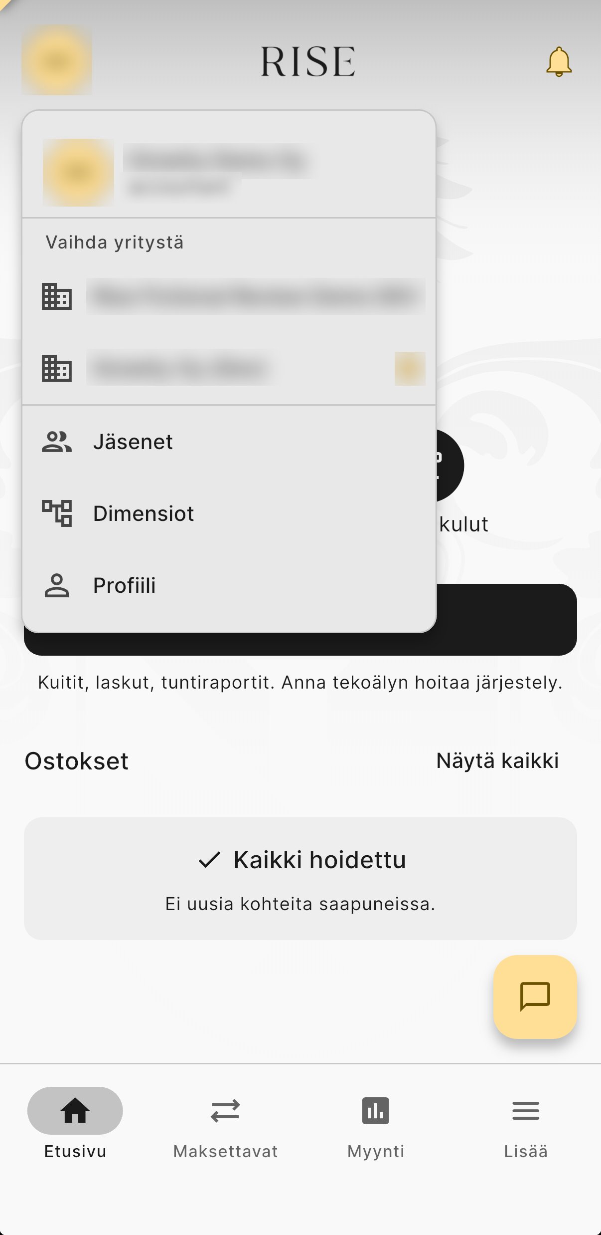 Avattu valikko, jossa Jäsenet, Dimensiot ja Profiili