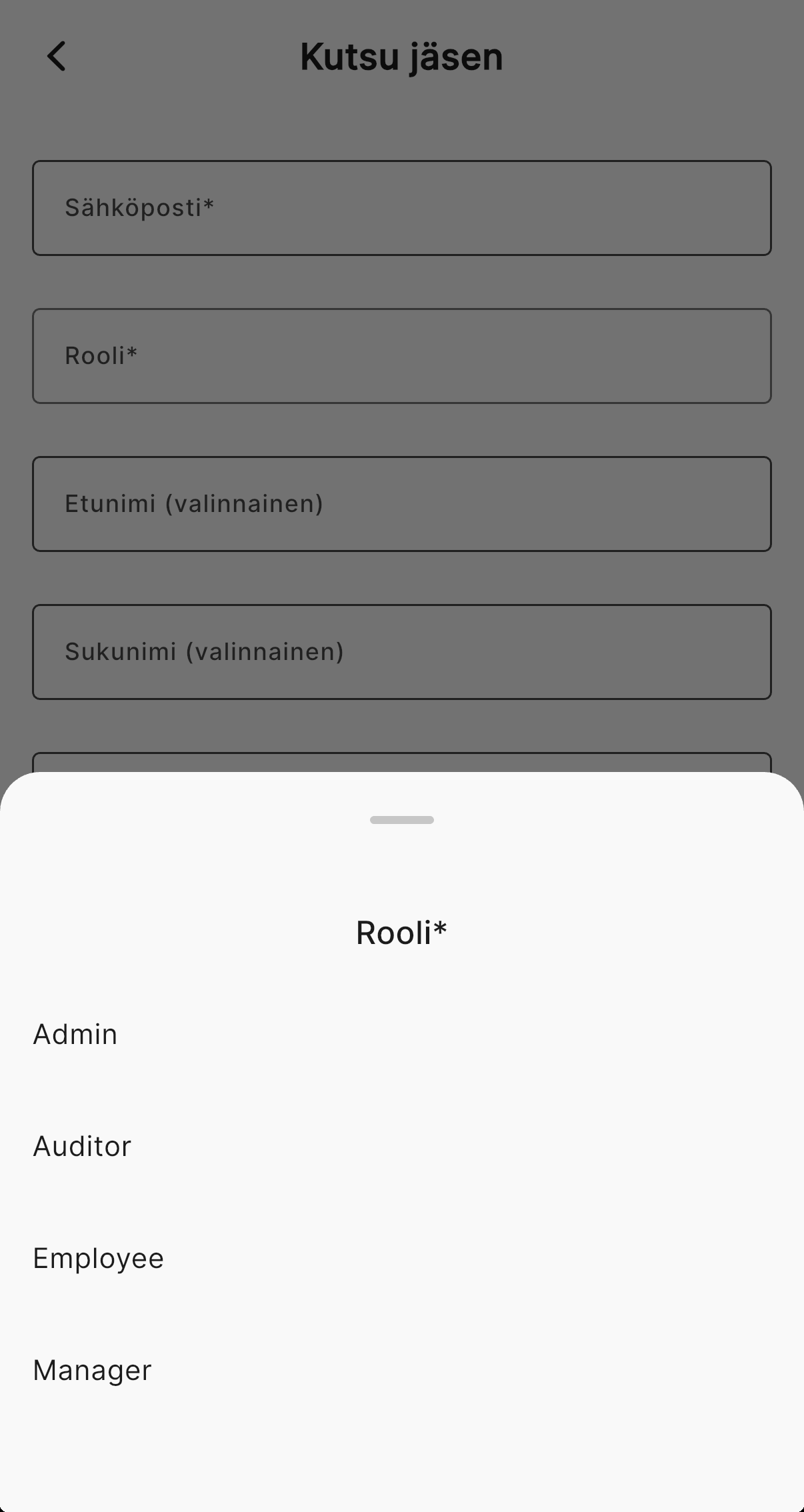 Roolin valinta: Admin, Auditor, Employee ja Manager