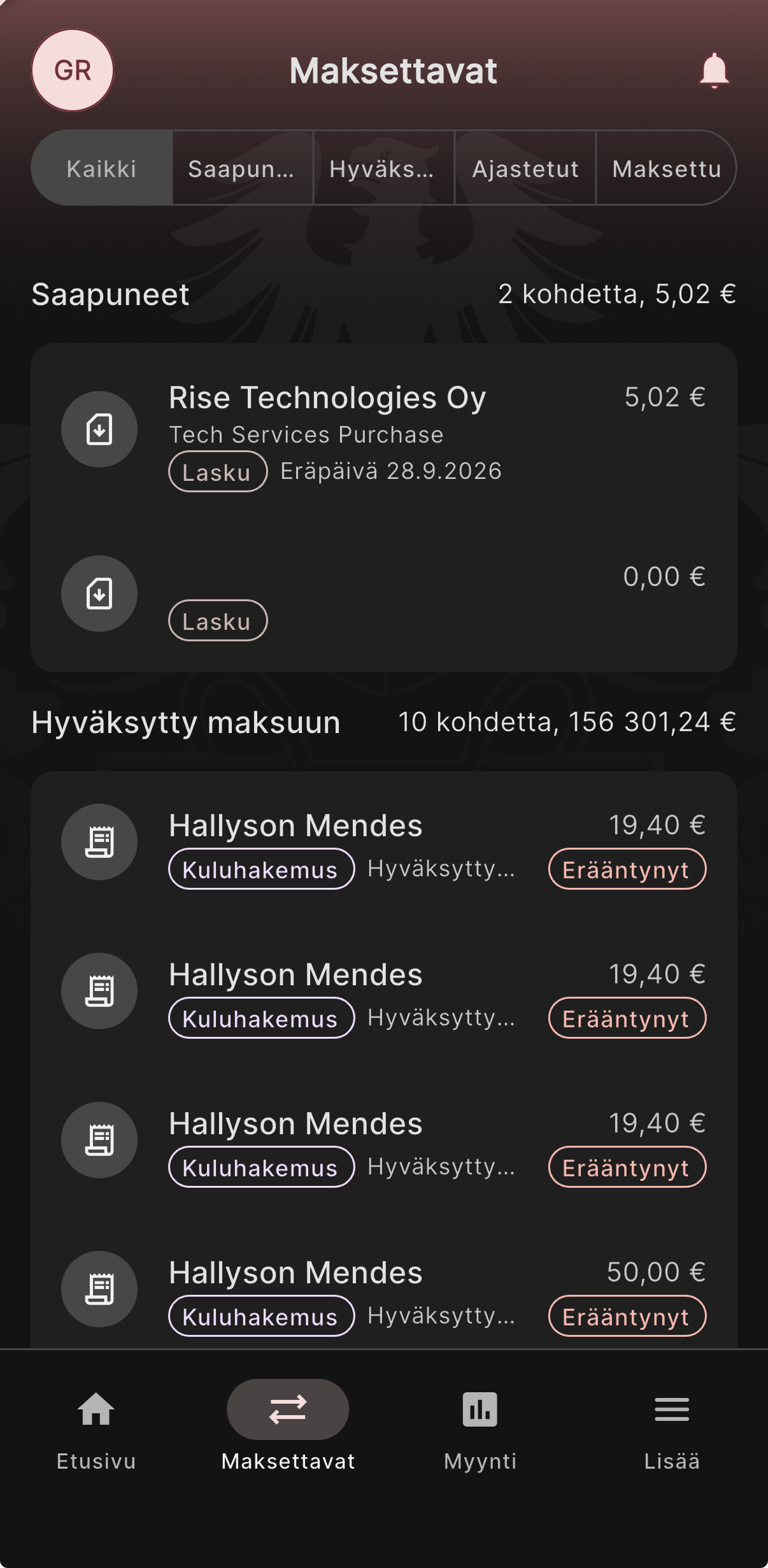 Risen Mobiilisovelluksen Maksettavat Näkymä,kaikki Välilehti
