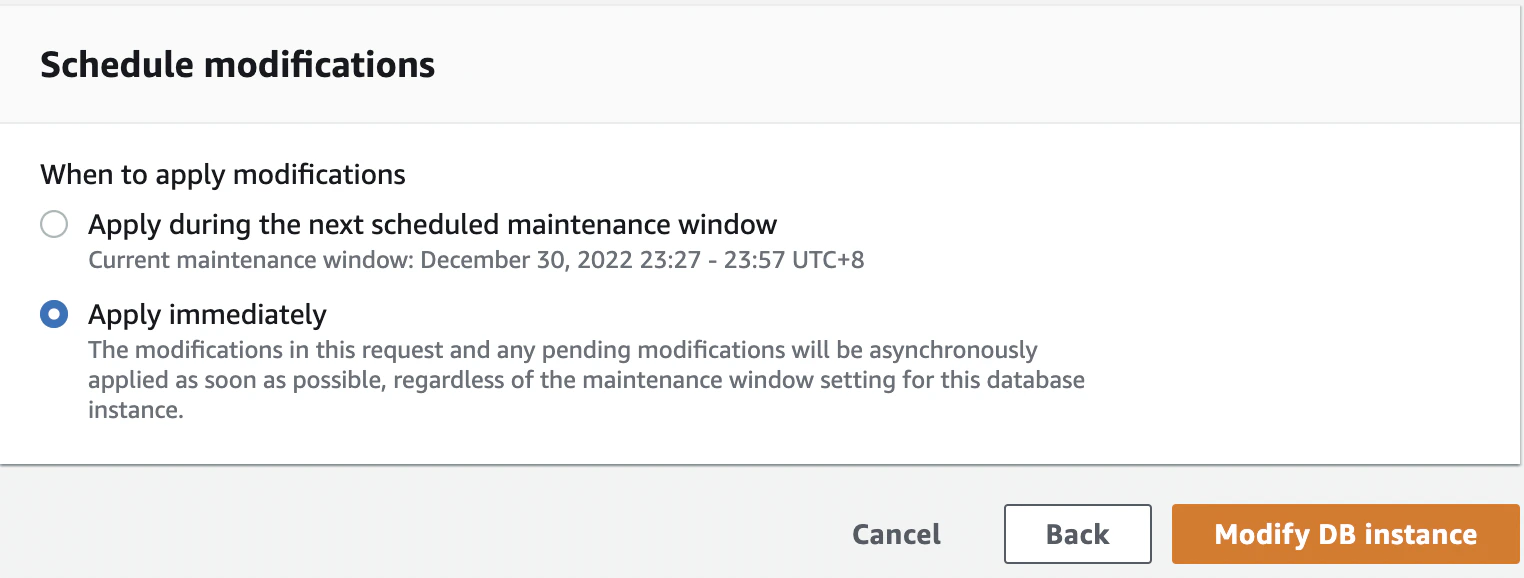 Save changes made to MySQL RDS instance
