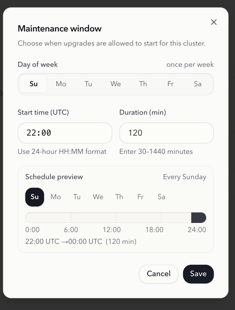Maintenance rules dialog for an existing cluster