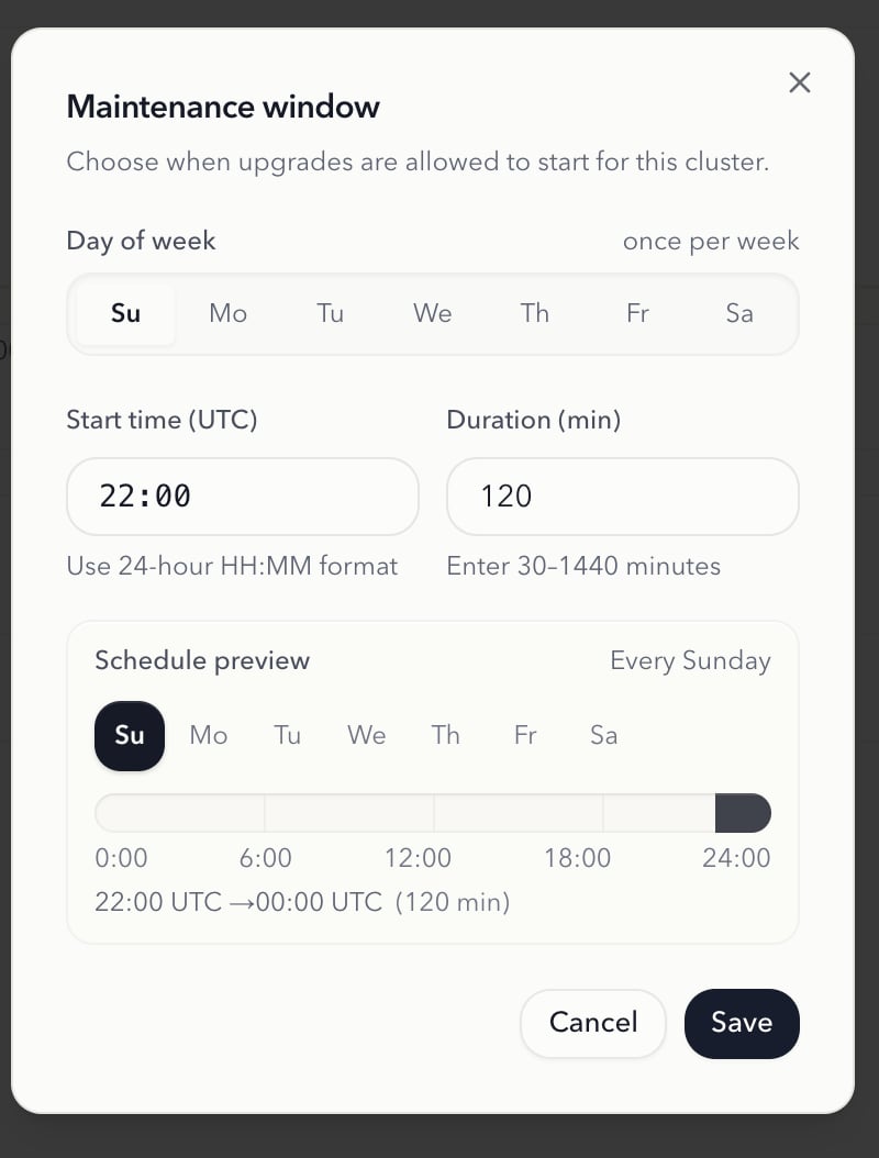 Maintenance rules dialog for an existing cluster
