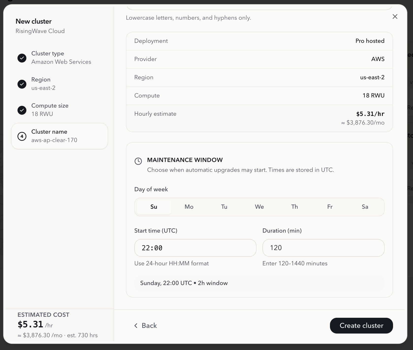 Maintenance window shown on the cluster creation confirmation screen