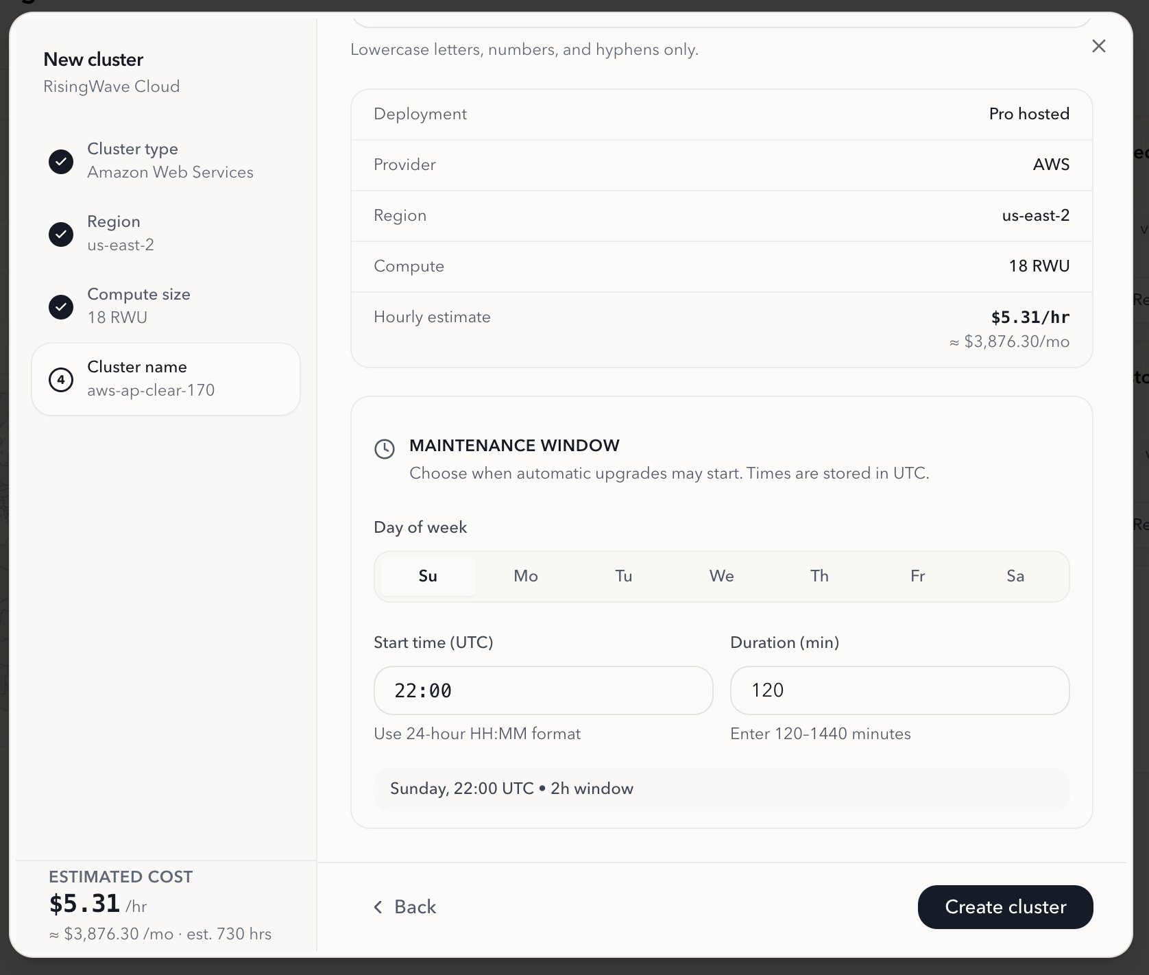 Maintenance window shown on the cluster creation confirmation screen
