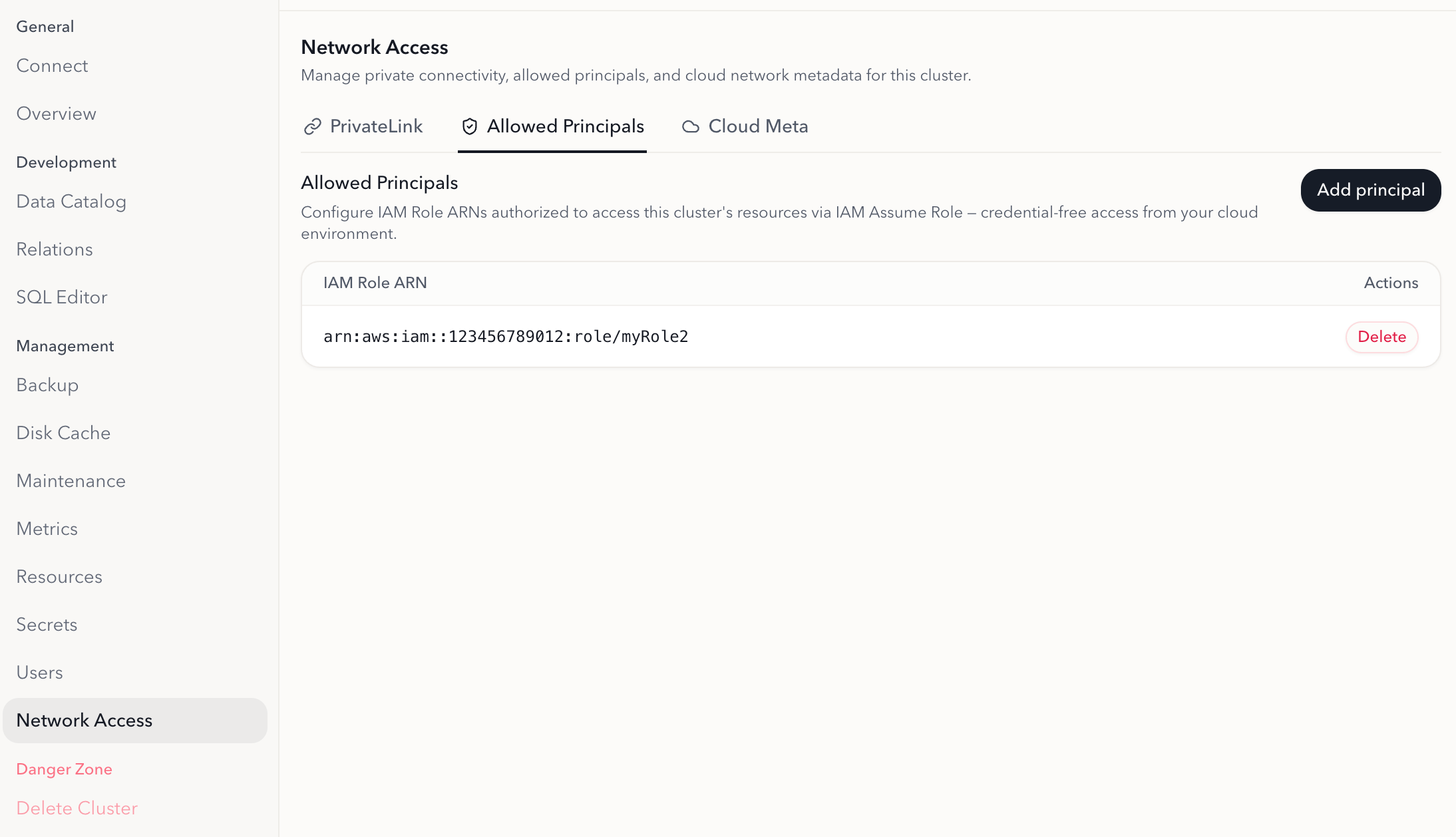 Allowed Principals tab on the Network Access page of the RisingWave Cloud Console