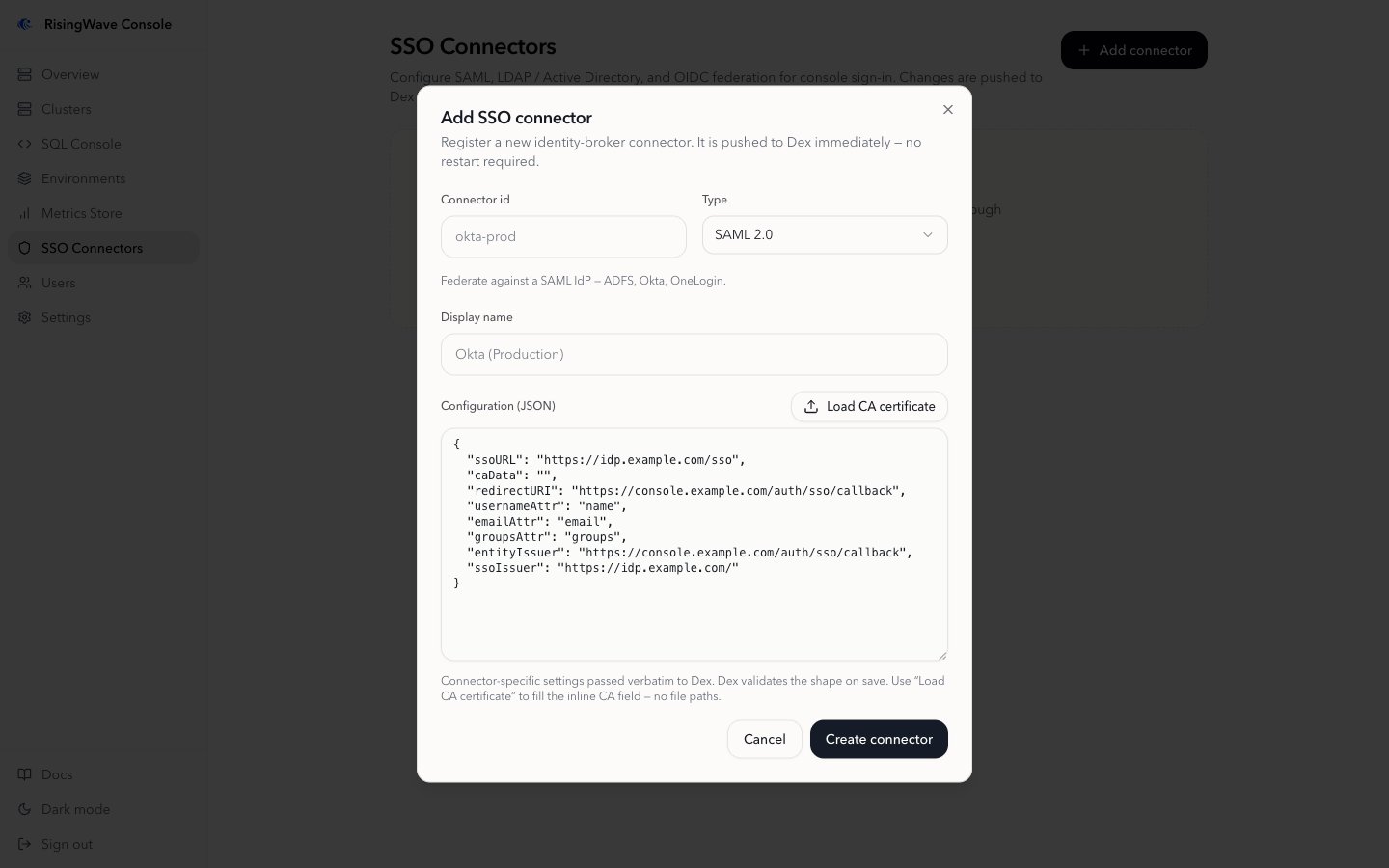 Add SSO connector dialog with connector id, type, display name, and JSON configuration fields