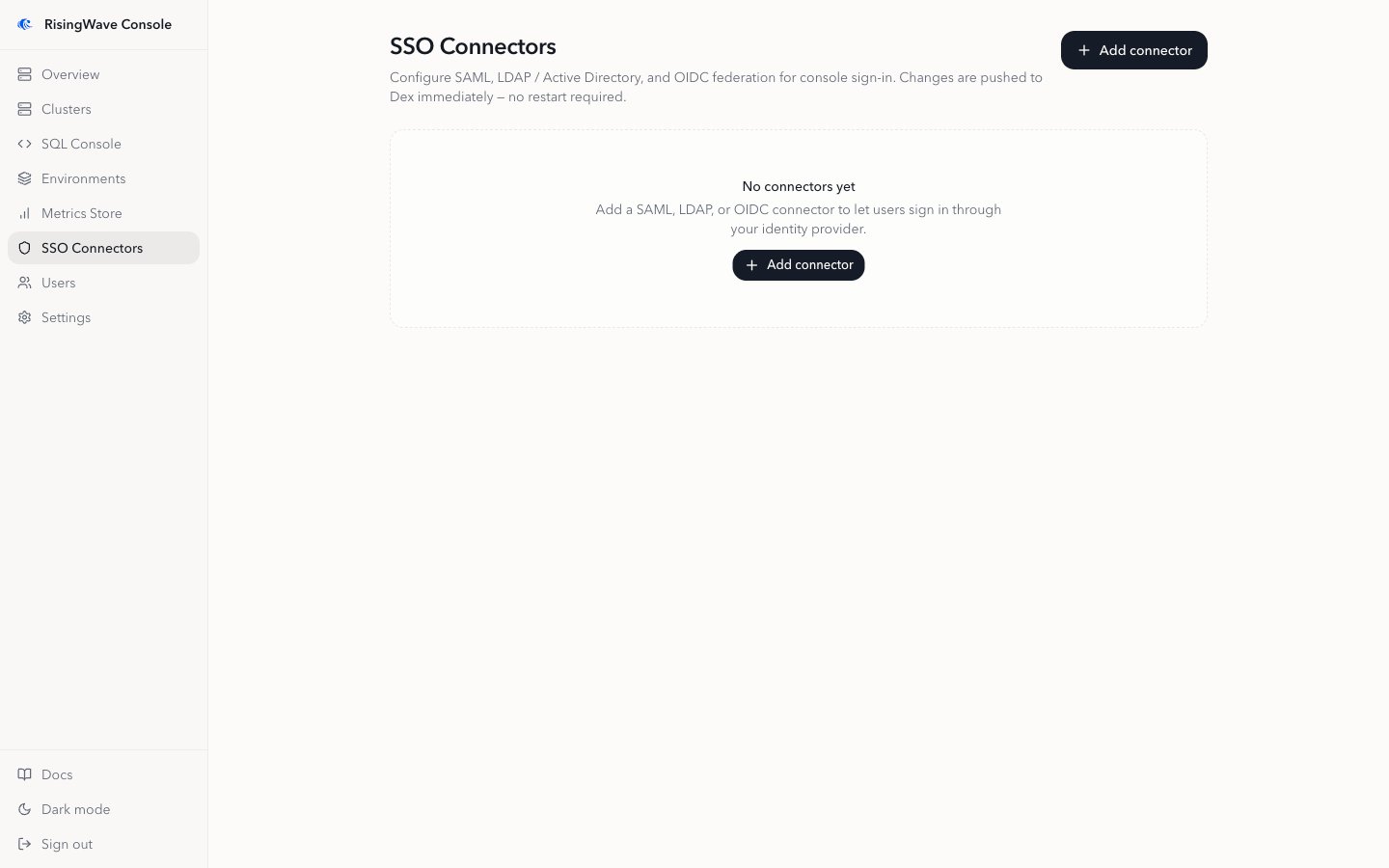 RisingWave Console SSO Connectors page showing the empty state before any connectors are added
