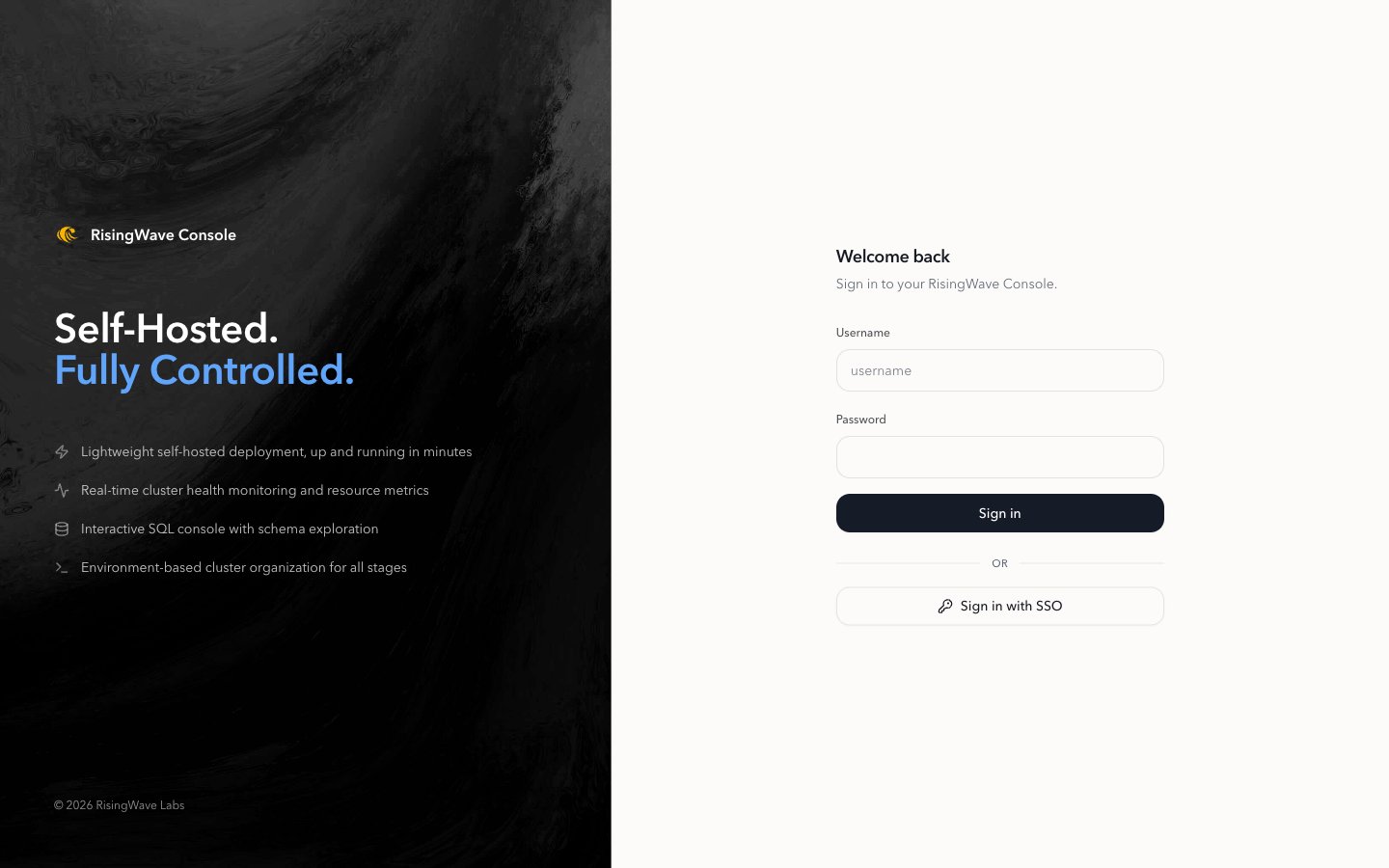 RisingWave Console login page showing the Sign in with SSO button below the username and password fields