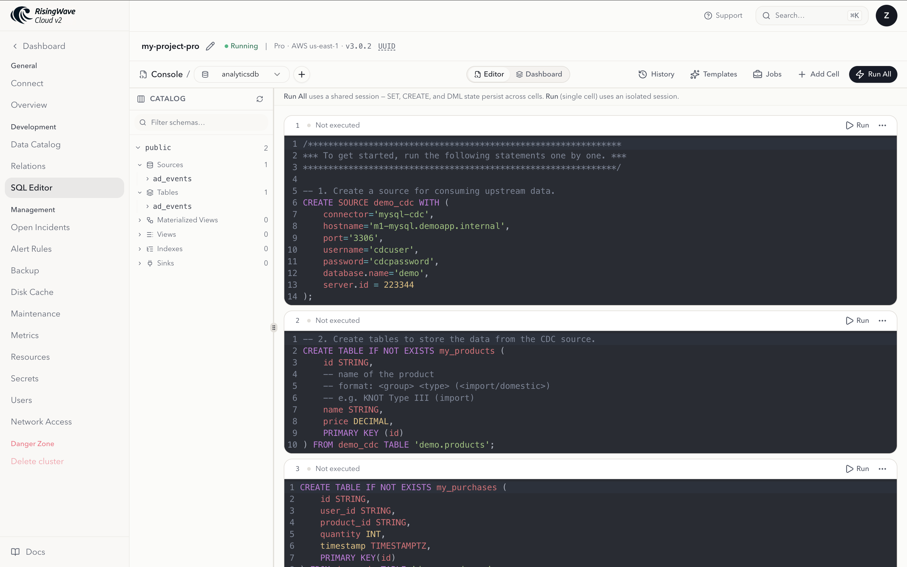 SQL Editor notebook populated with example SQL statements in multiple cells