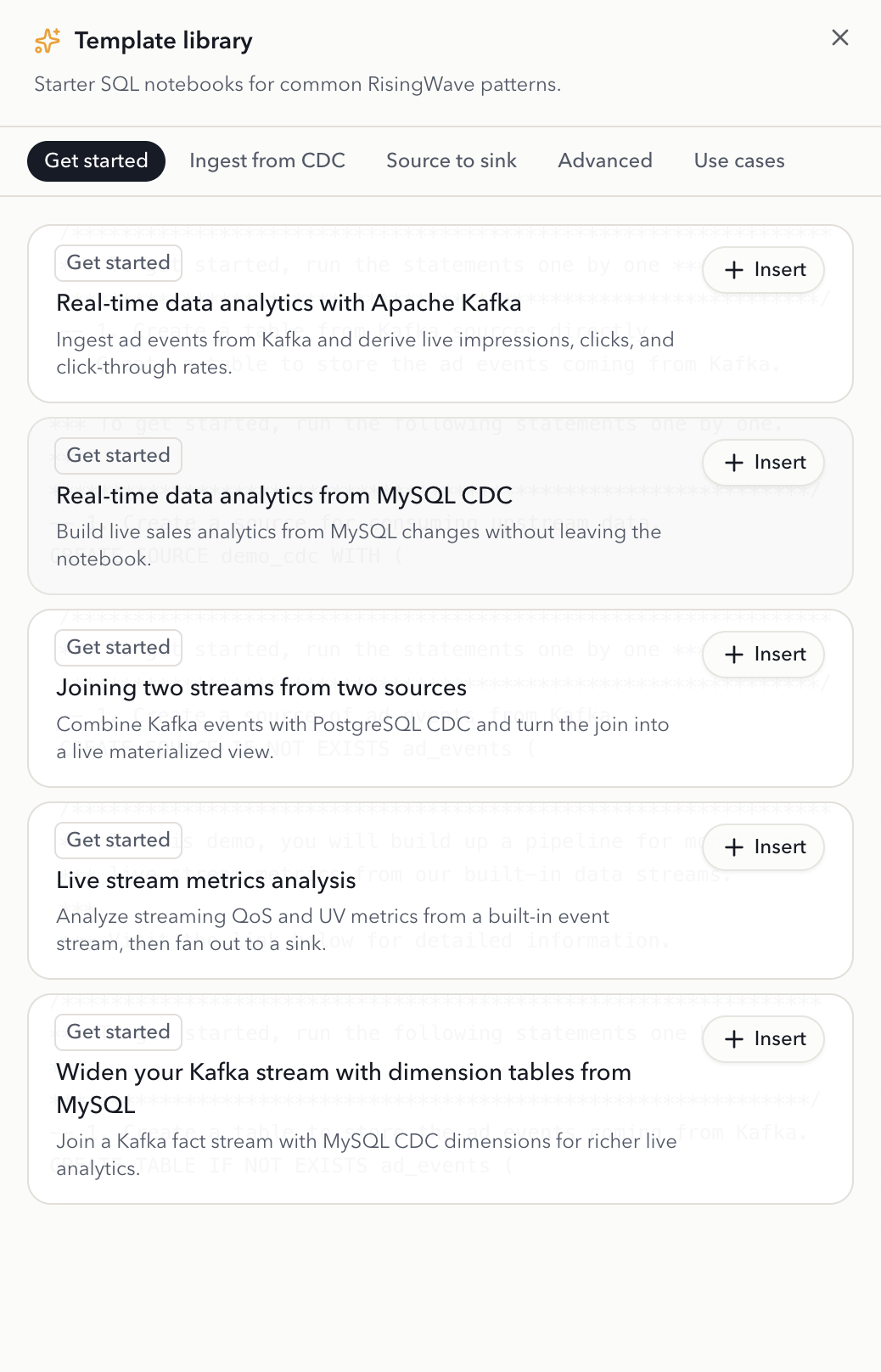 Template library with starter SQL notebooks for common RisingWave patterns