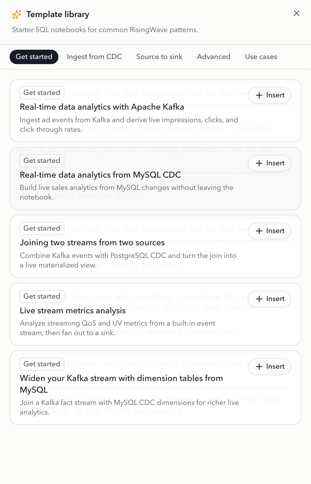 Template library with starter SQL notebooks for common RisingWave patterns