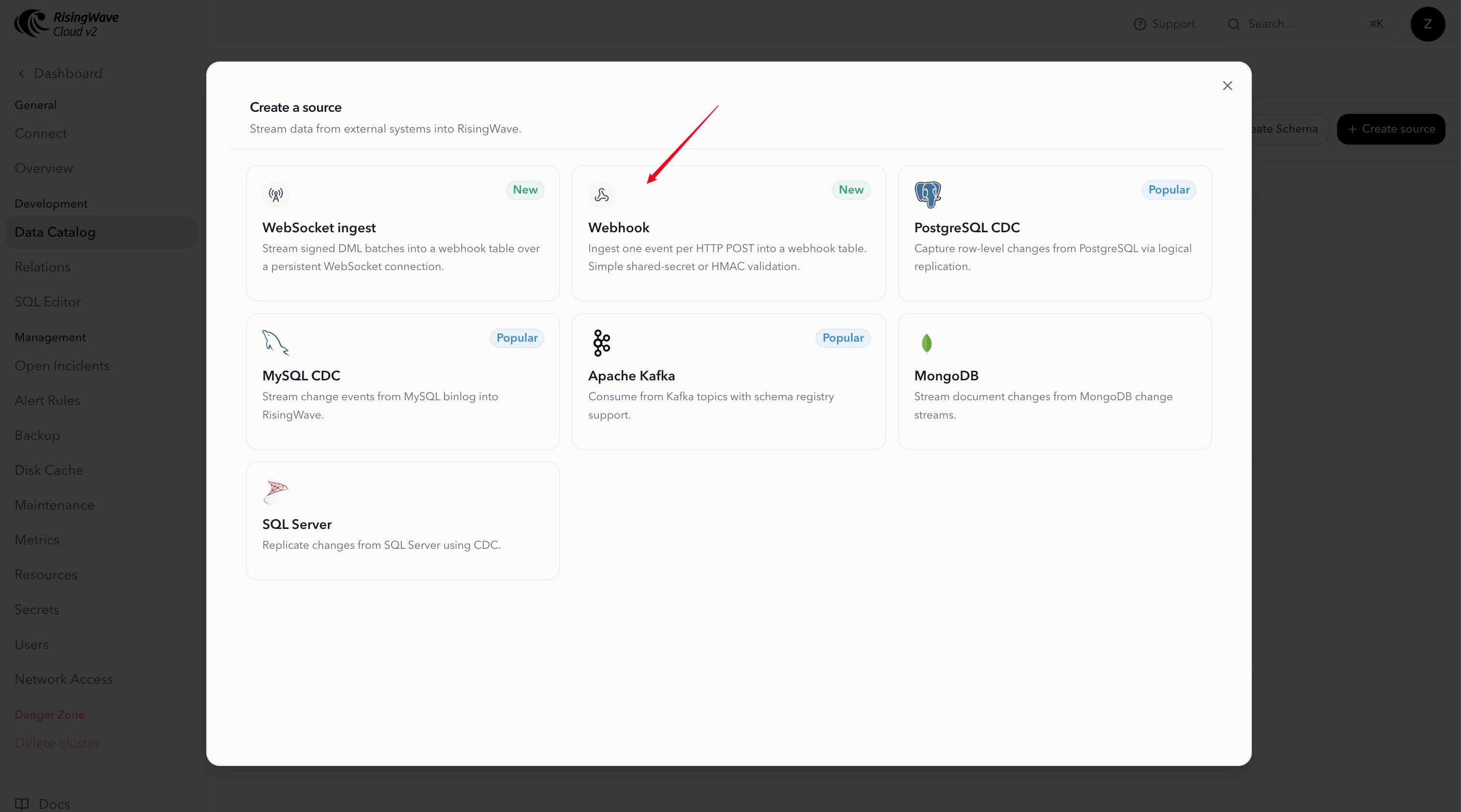 Webhook card in the Data Catalog create source dialog in RisingWave Cloud