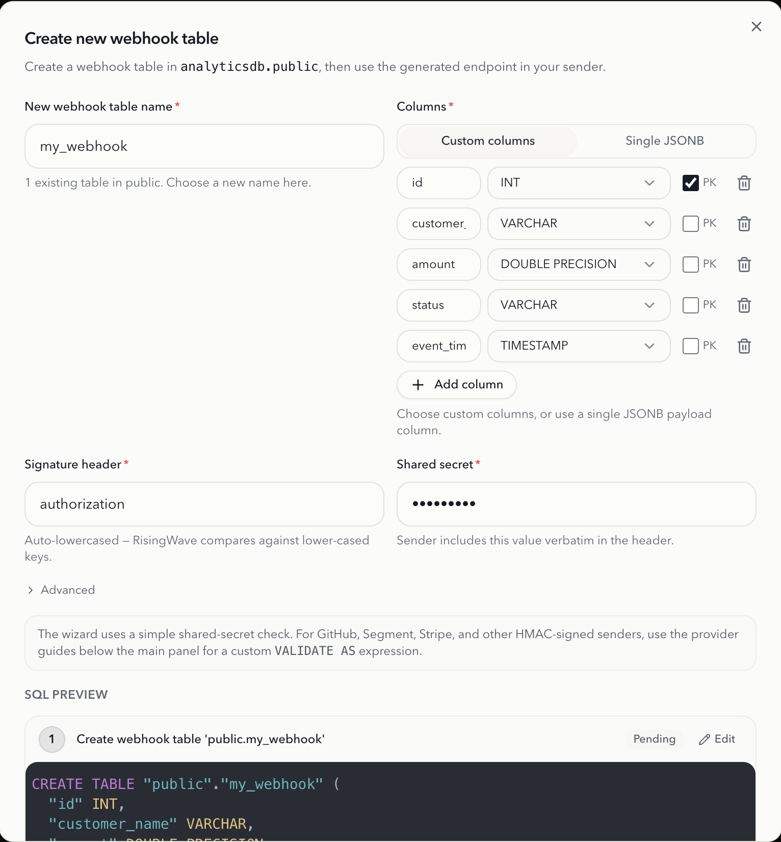 Create webhook table wizard showing generated SQL preview