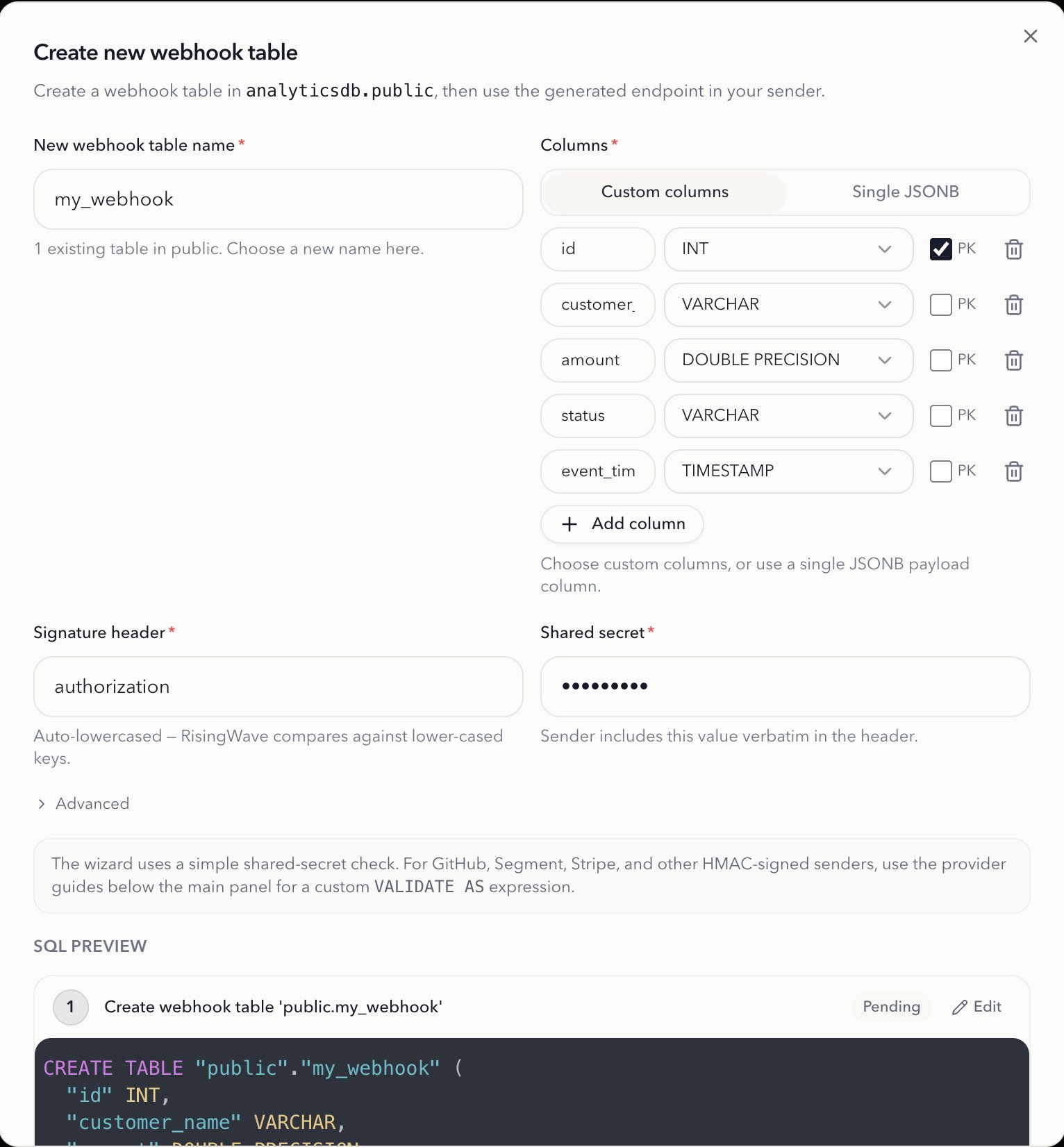 Create webhook table wizard showing generated SQL preview