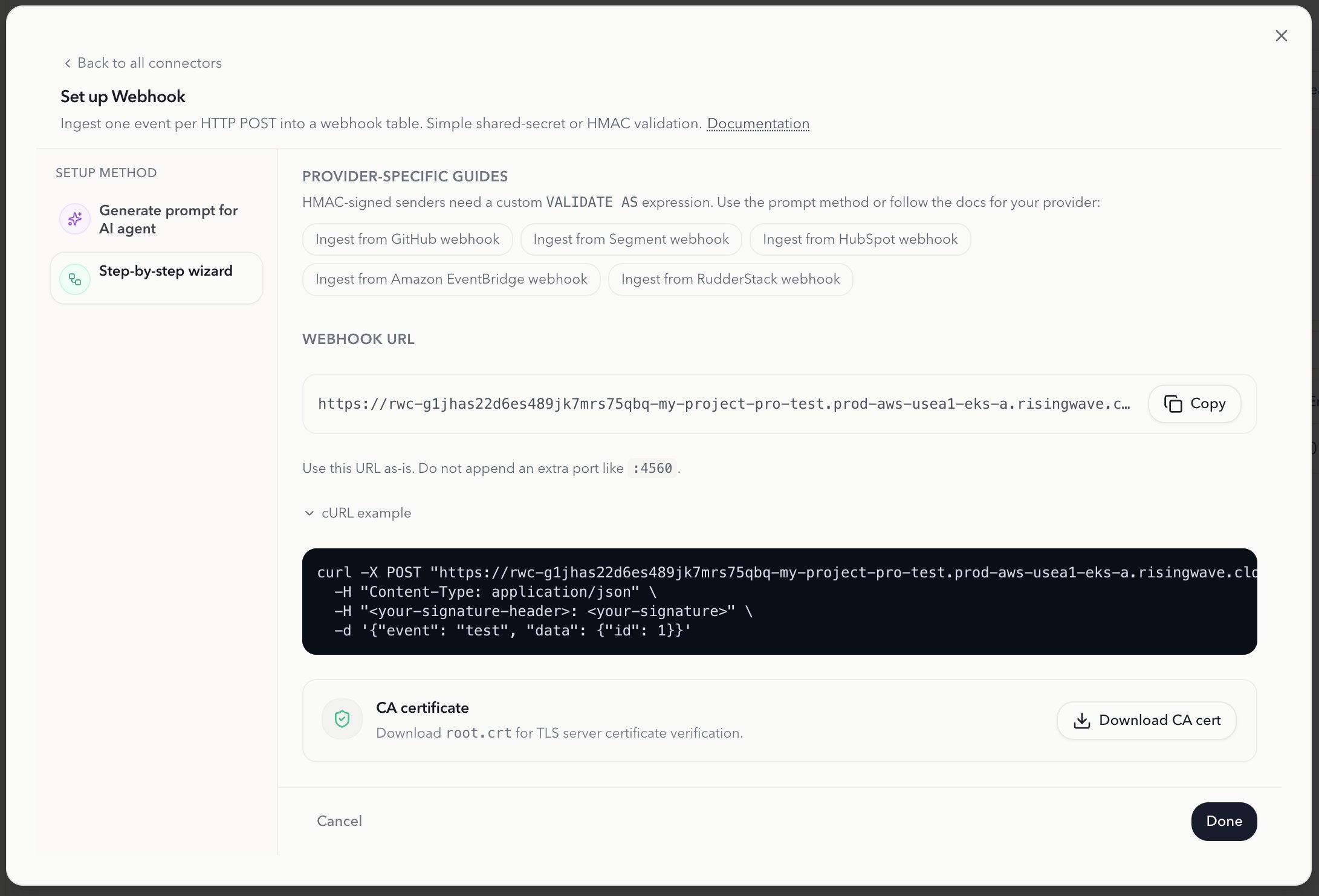 RisingWave Cloud portal webhook configuration wizard showing the generated webhook endpoint URL and cURL example