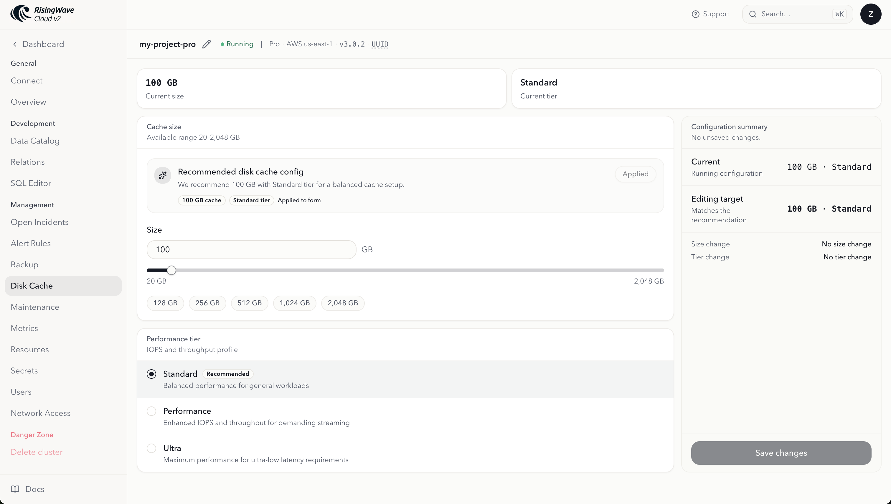 Disk Cache page showing the recommended config panel, cache size input, and performance tier options.