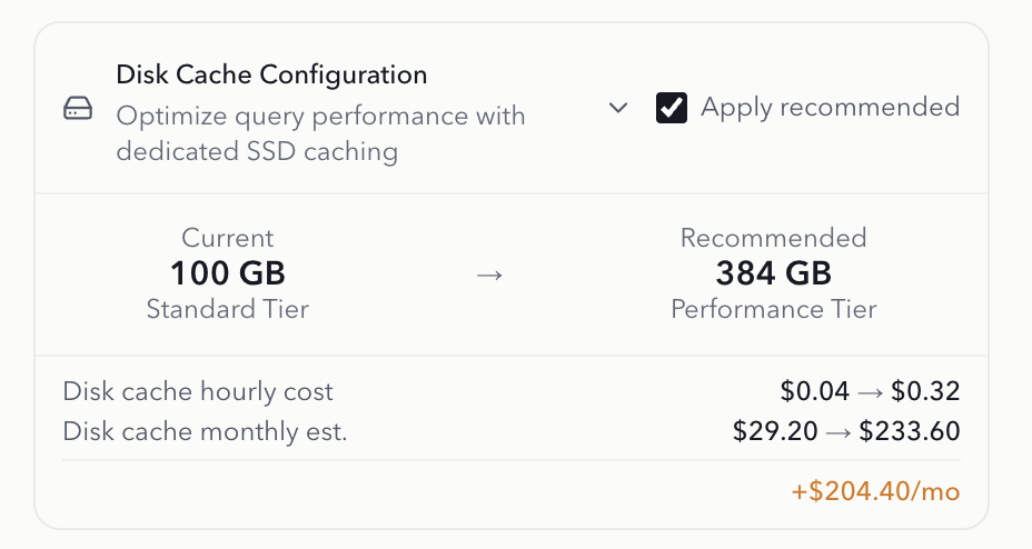Cluster rescale dialog with the Disk Cache Configuration section and the Apply recommended optimization toggle.