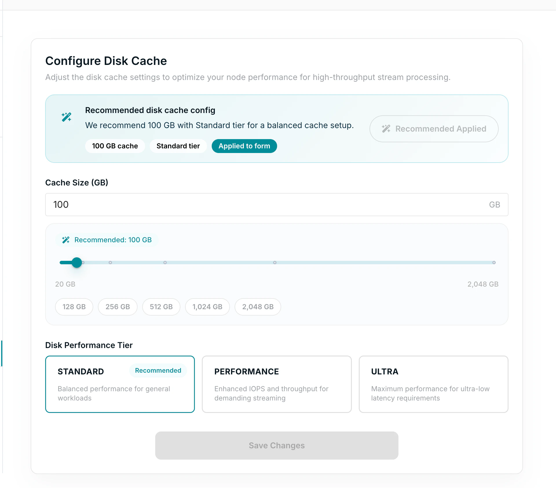 Disk Cache page showing the recommended config panel, cache size input, and performance tier options.