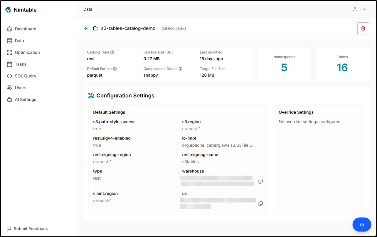 Nimtable dashboard showing table counts, compaction status, and Copilot side panel