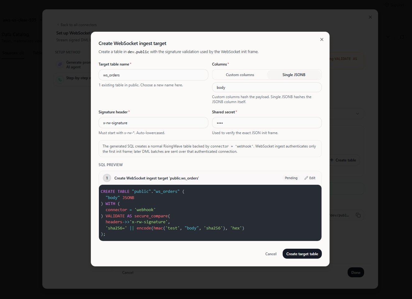 Create WebSocket ingest target dialog showing generated SQL preview