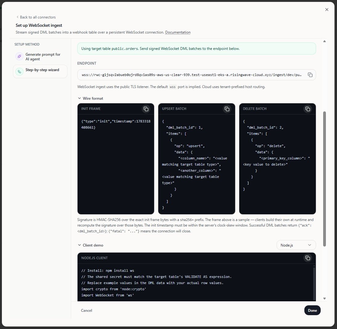 RisingWave Cloud WebSocket ingest wizard showing the generated endpoint, wire format examples, and client demo