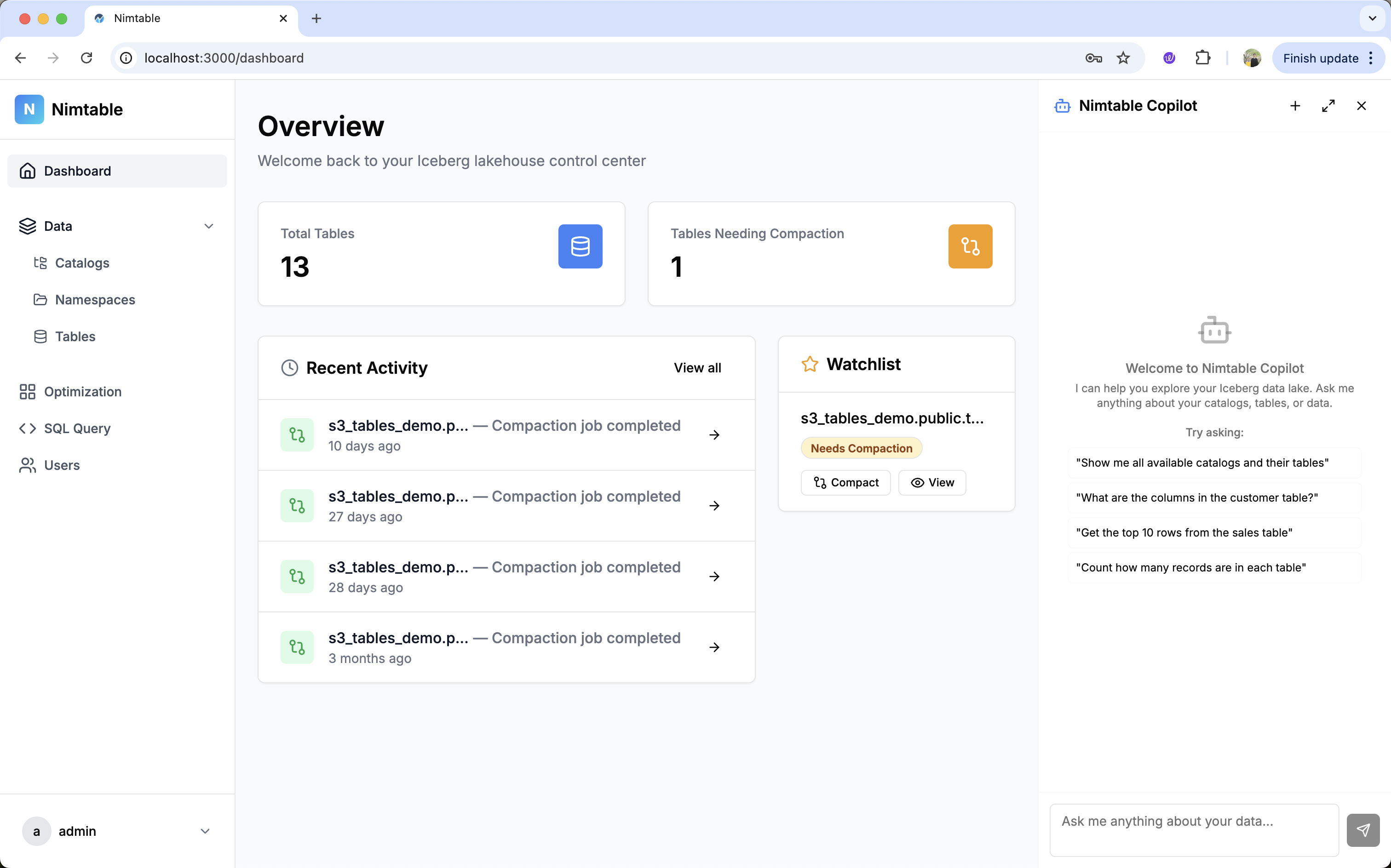 Nimtable dashboard showing table counts, compaction status, and Copilot side panel