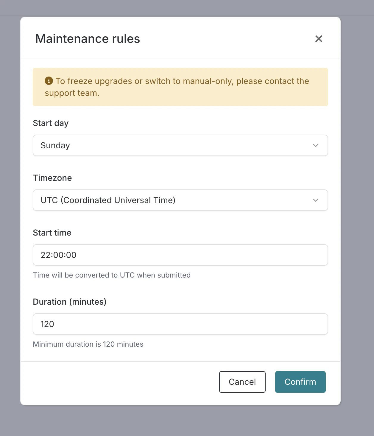 Maintenance rules dialog for an existing project