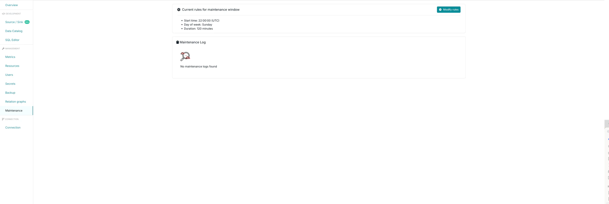 Maintenance tab showing current rules and maintenance log