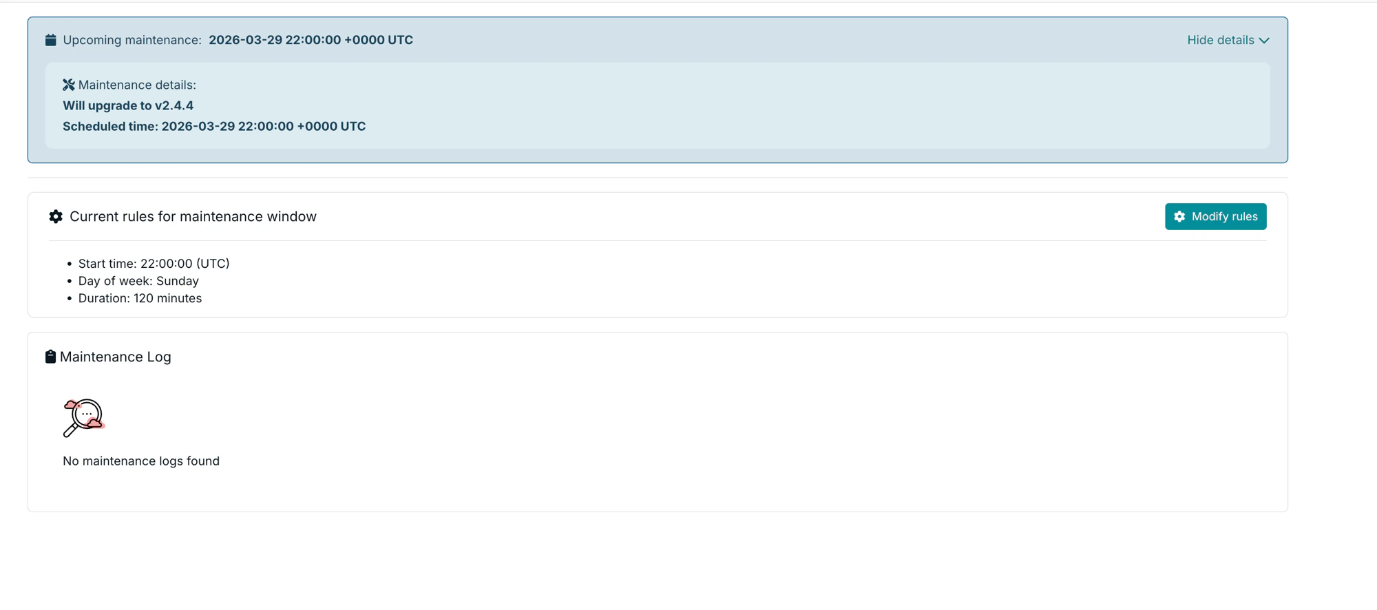Maintenance tab showing an upcoming scheduled upgrade with details expanded