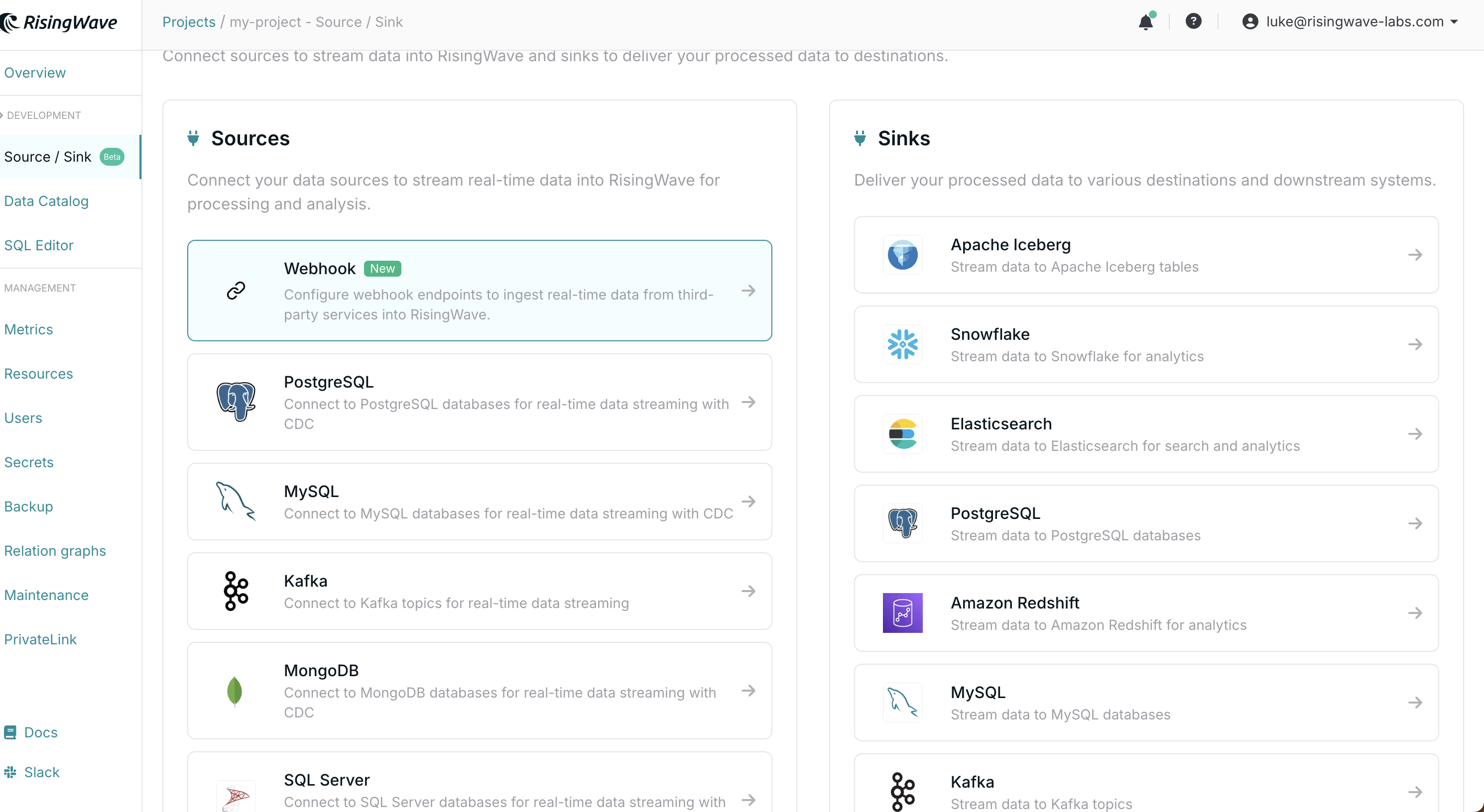 Webhook card in the Connect Your Data page in RisingWave Cloud