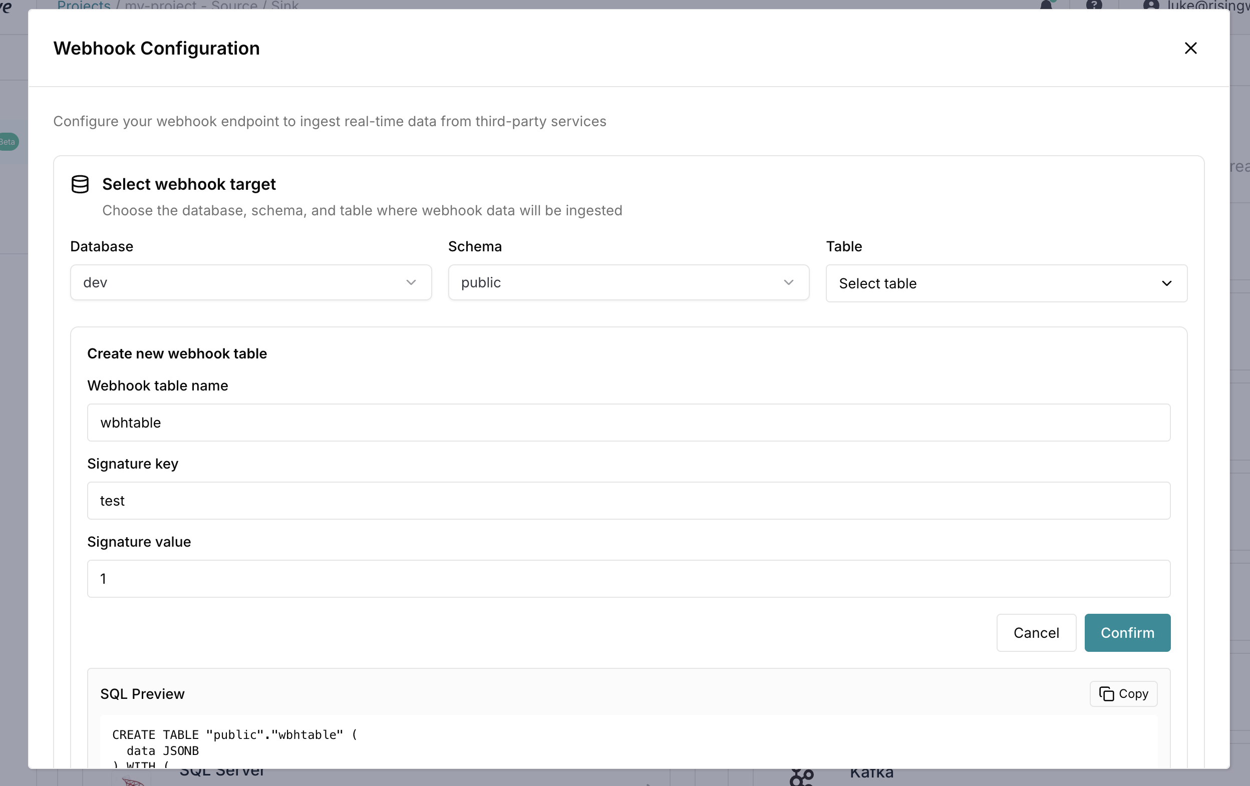 Create webhook table wizard showing generated SQL preview