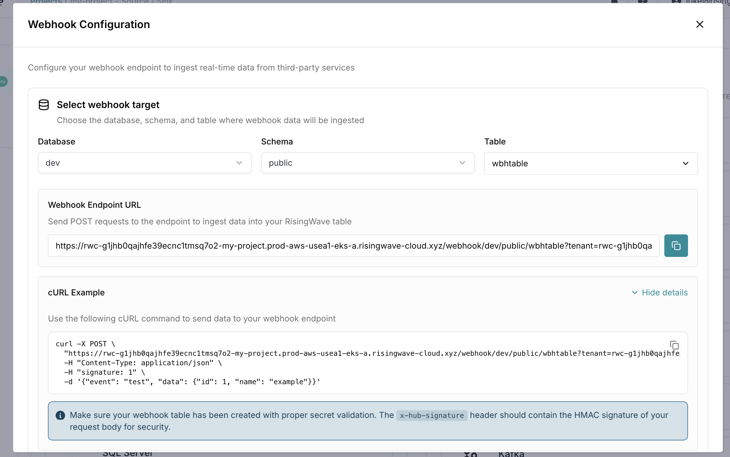 RisingWave Cloud portal webhook configuration wizard showing the generated webhook endpoint URL and cURL example