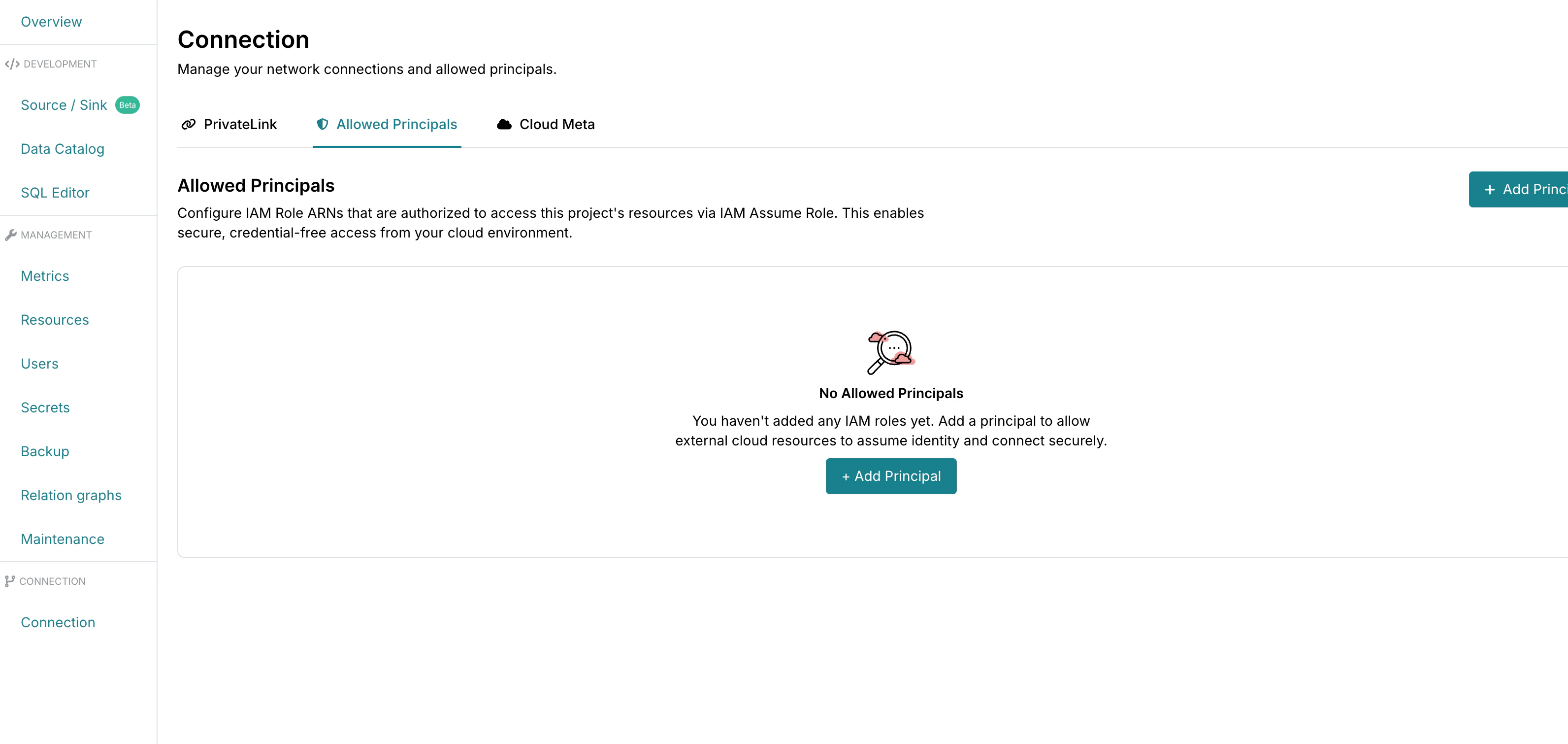 Allowed Principals tab in the Connection page of the RisingWave Cloud Console