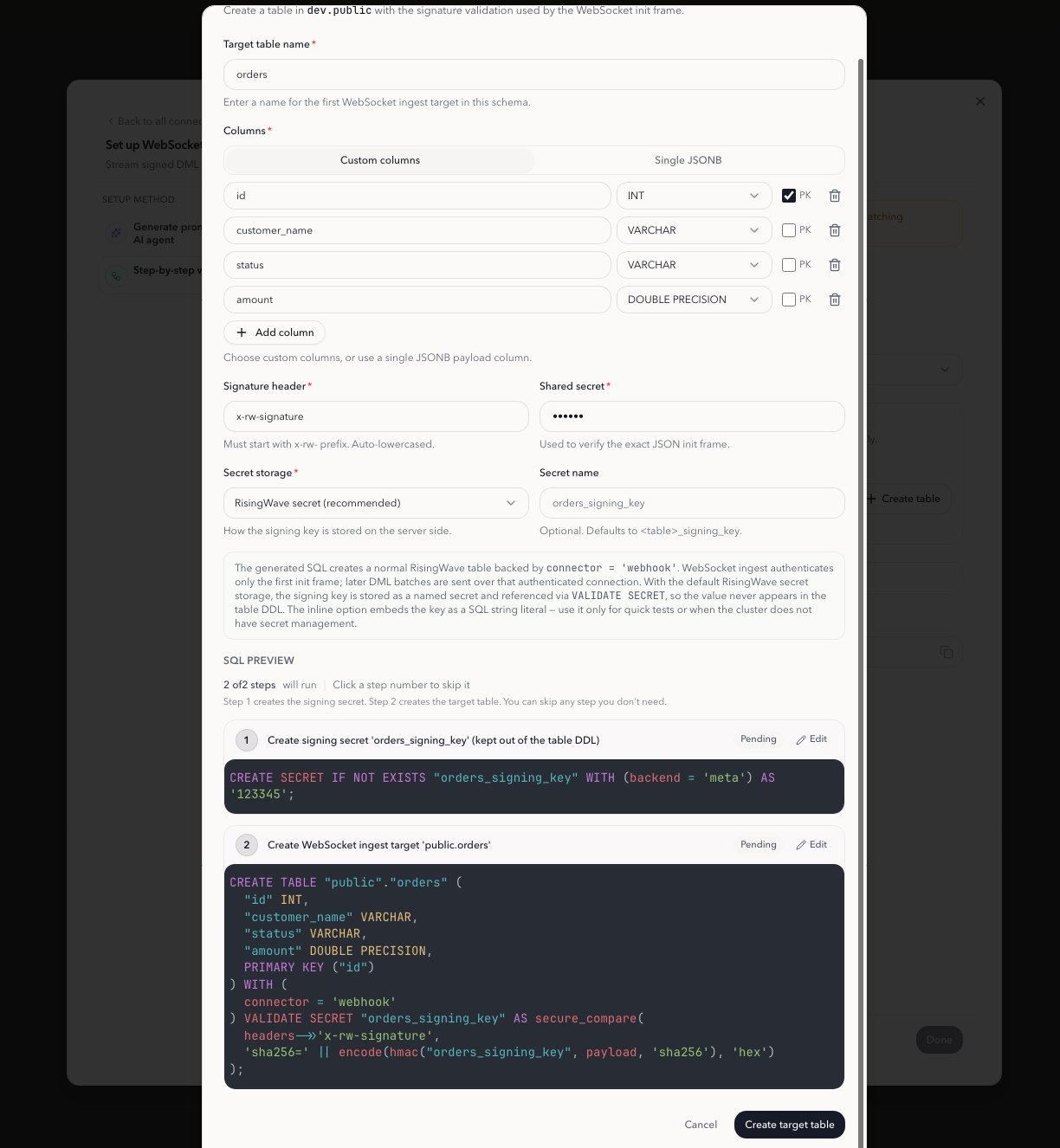 Create WebSocket ingest target dialog showing generated SQL preview