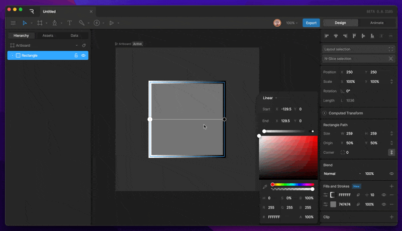 Selecting a color stopper on a stroke gradient and adjusting the sliders to change its color