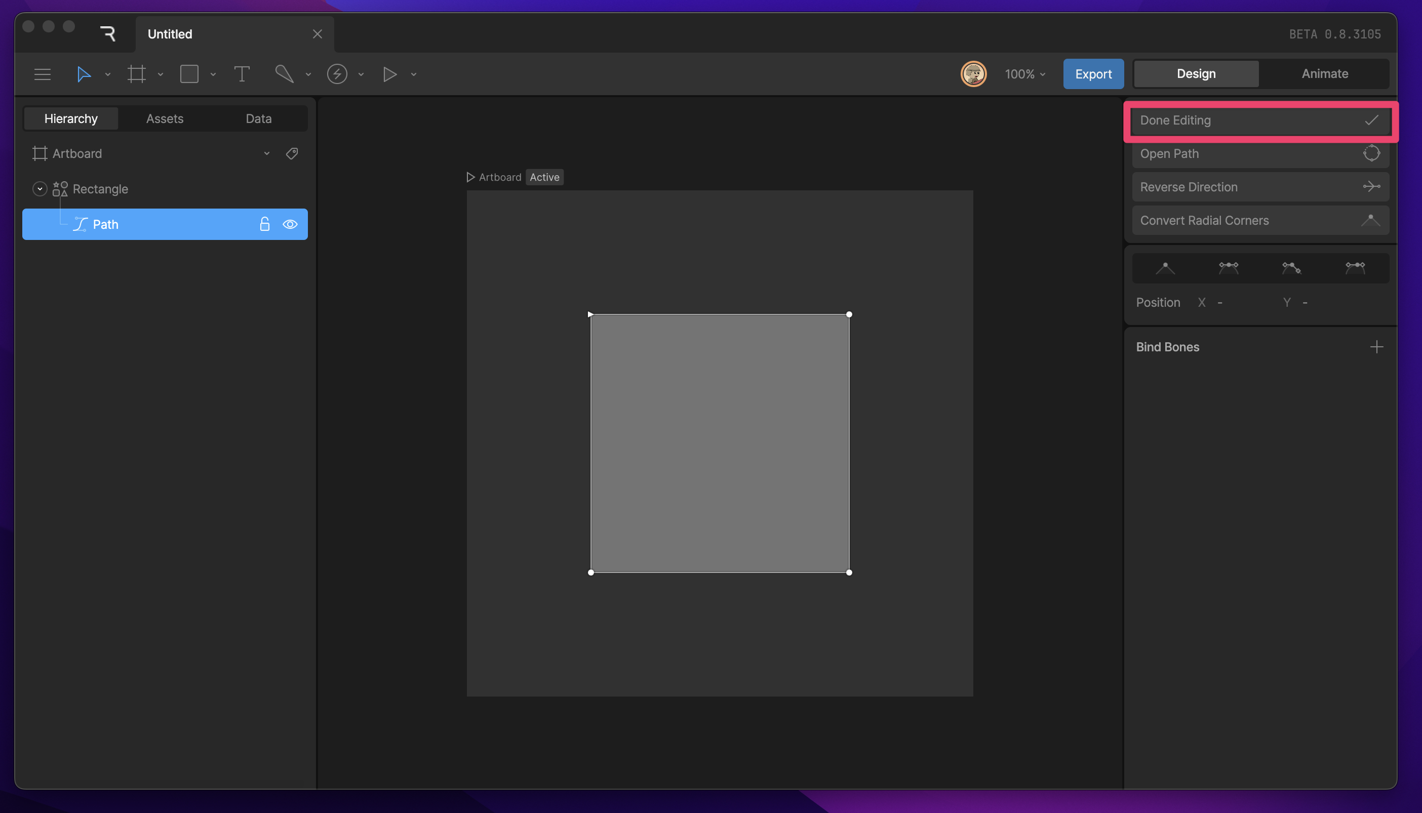 Done Editing button at the top of the path options in the Inspector