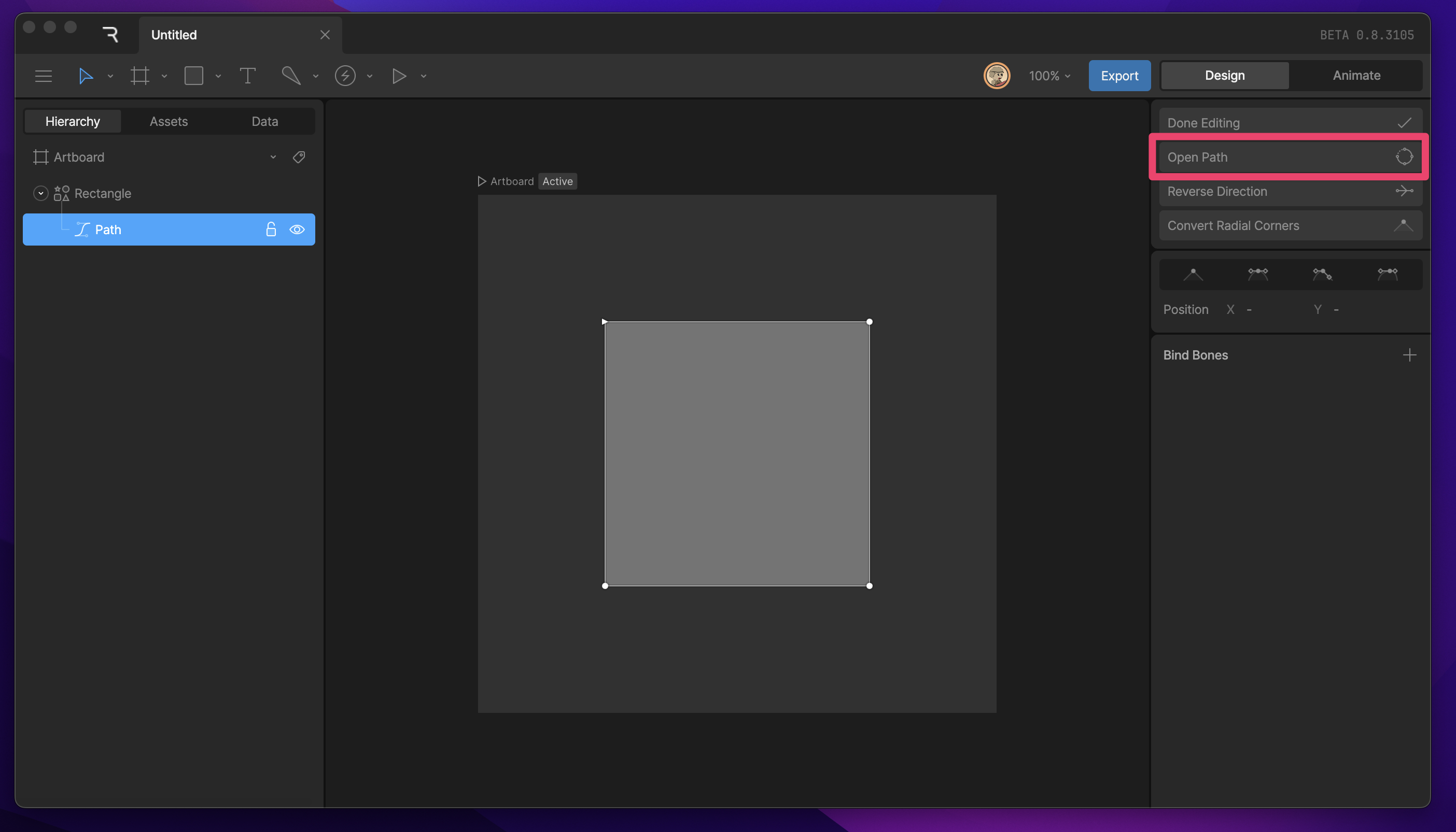 Open Path button in the path options at the top of the Inspector, right below the Done Editing button
