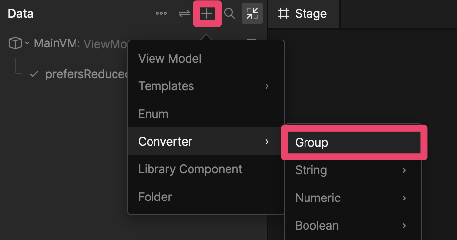 Add menu in the Data panel showing the Group option in the Converter submenu