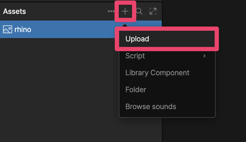 Add menu opened under the + button in the Assets panel, with Upload option
