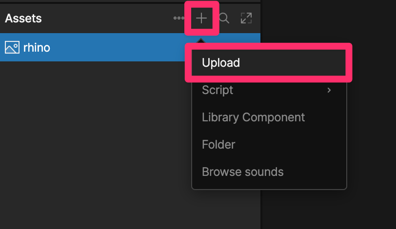 Add menu opened under the + button in the Assets panel, with Upload option