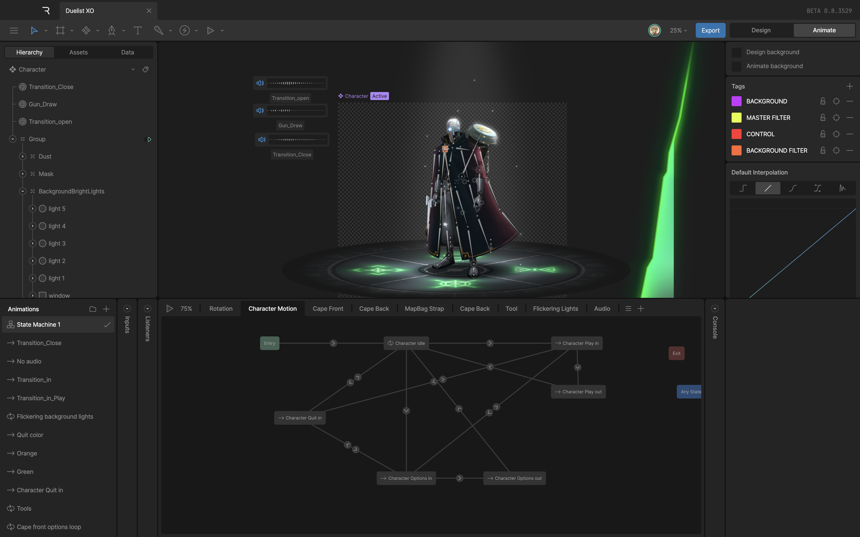 The Rive editor in Animate Mode showing a state machine graph with Entry, Character idle, and transition states in the bottom panel