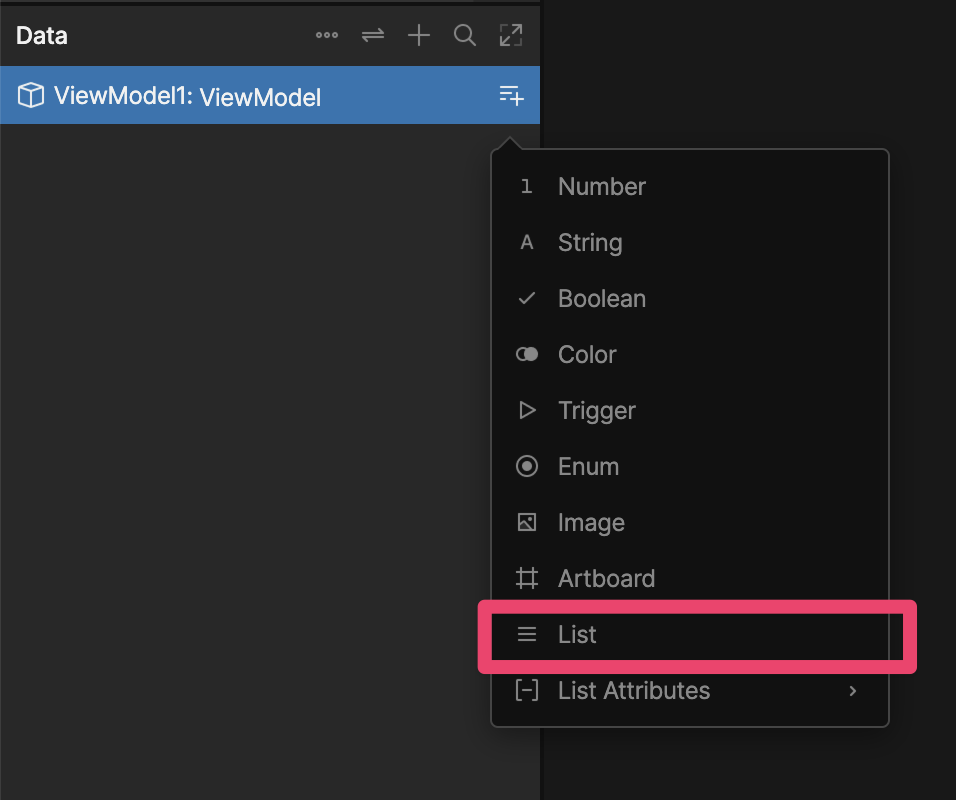 Popout menu with List selected after clicking + next to a View Model in the Data panel
