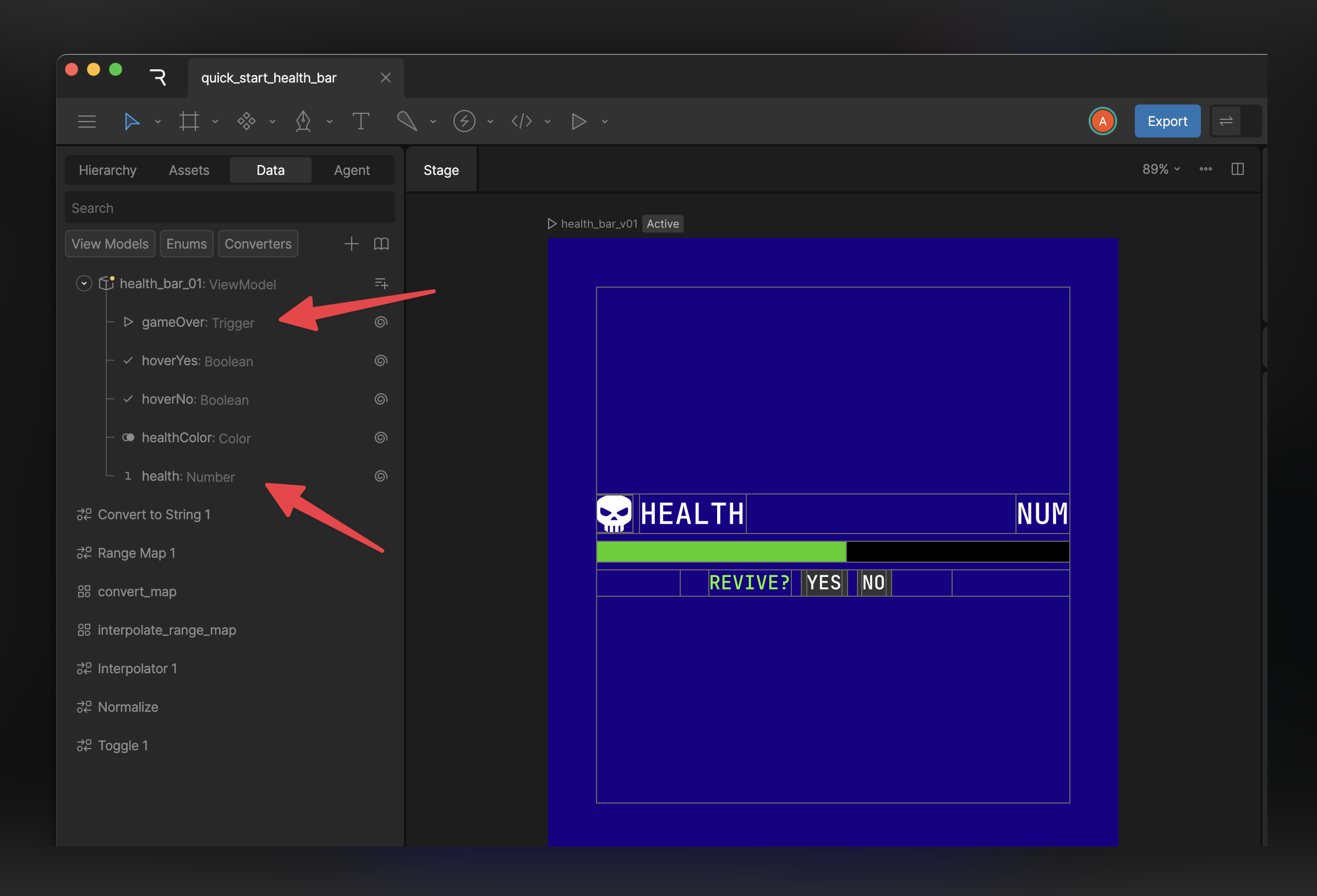 The health bar file in the Rive Editor with the health and gameOver properties highlighted