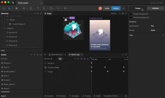 The Design and Animate mode toggle in the top-right of the toolbar being switched back and forth