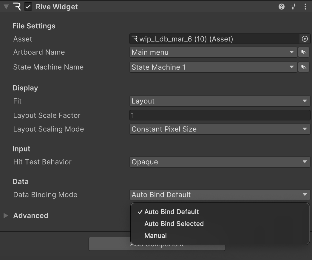 Data Binding Mode dropdown in Unity Inspector showing Auto Bind options