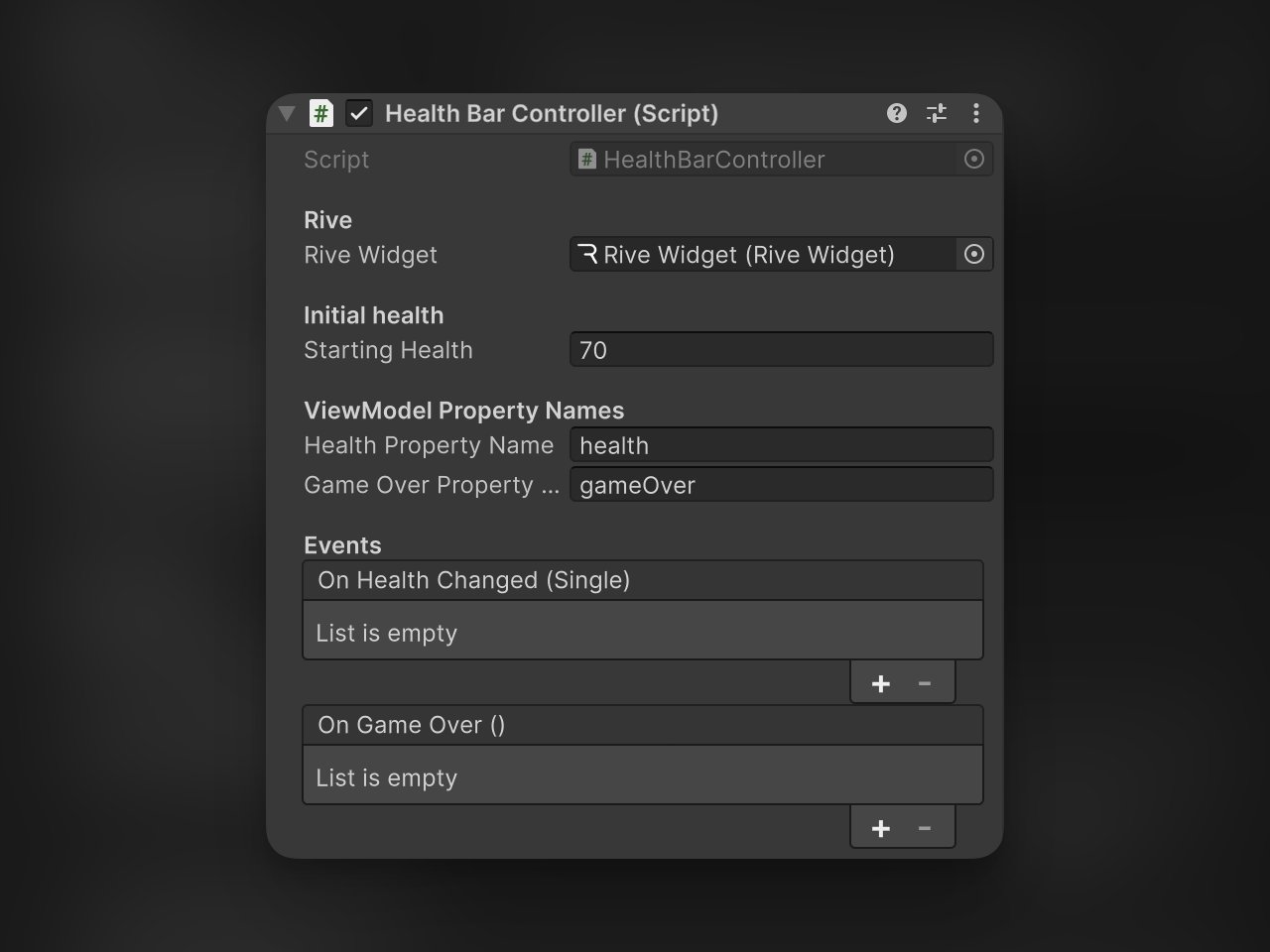 Attach HealthBarController to the Rive Widget