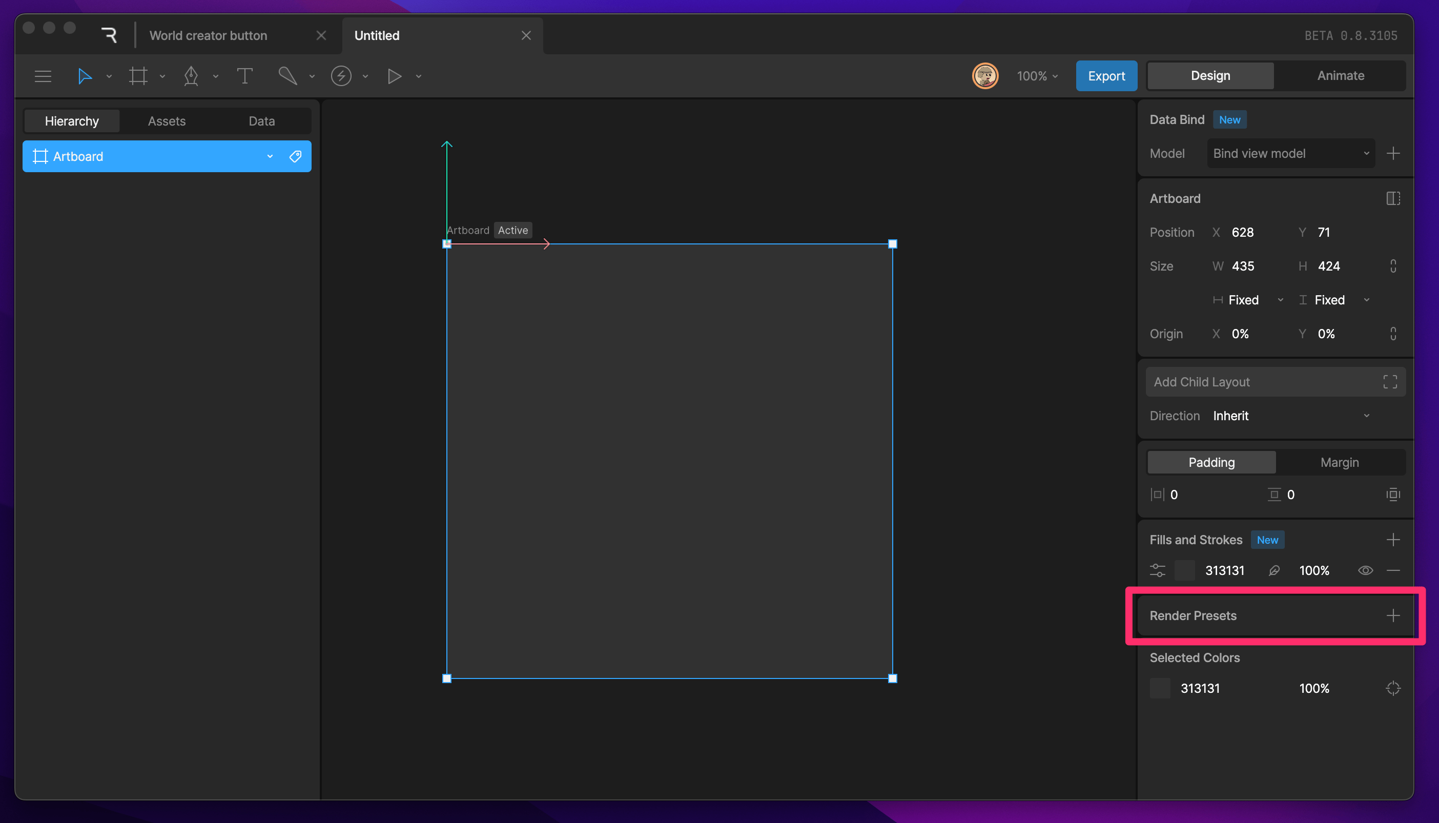 Render Presets panel for an artboard in the inspector panel
